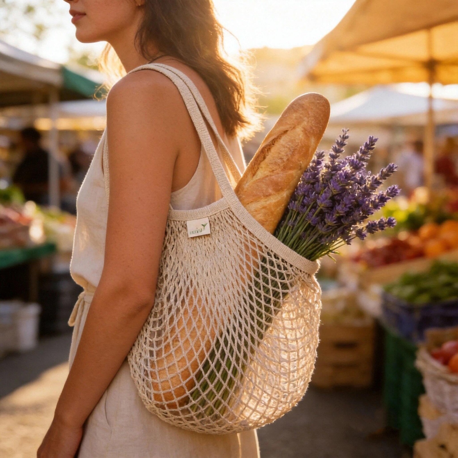 2 PCS Reusable Farmers Market Bags Breathable Cotton Mesh Long Handle Tote