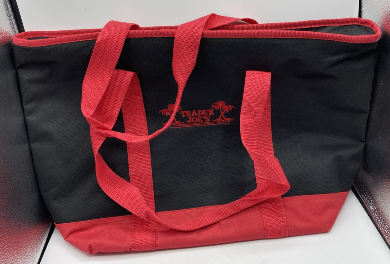 Trader Joe’s Black Red Reusable Fabric Shopping Bag Tote with Zippered Closure