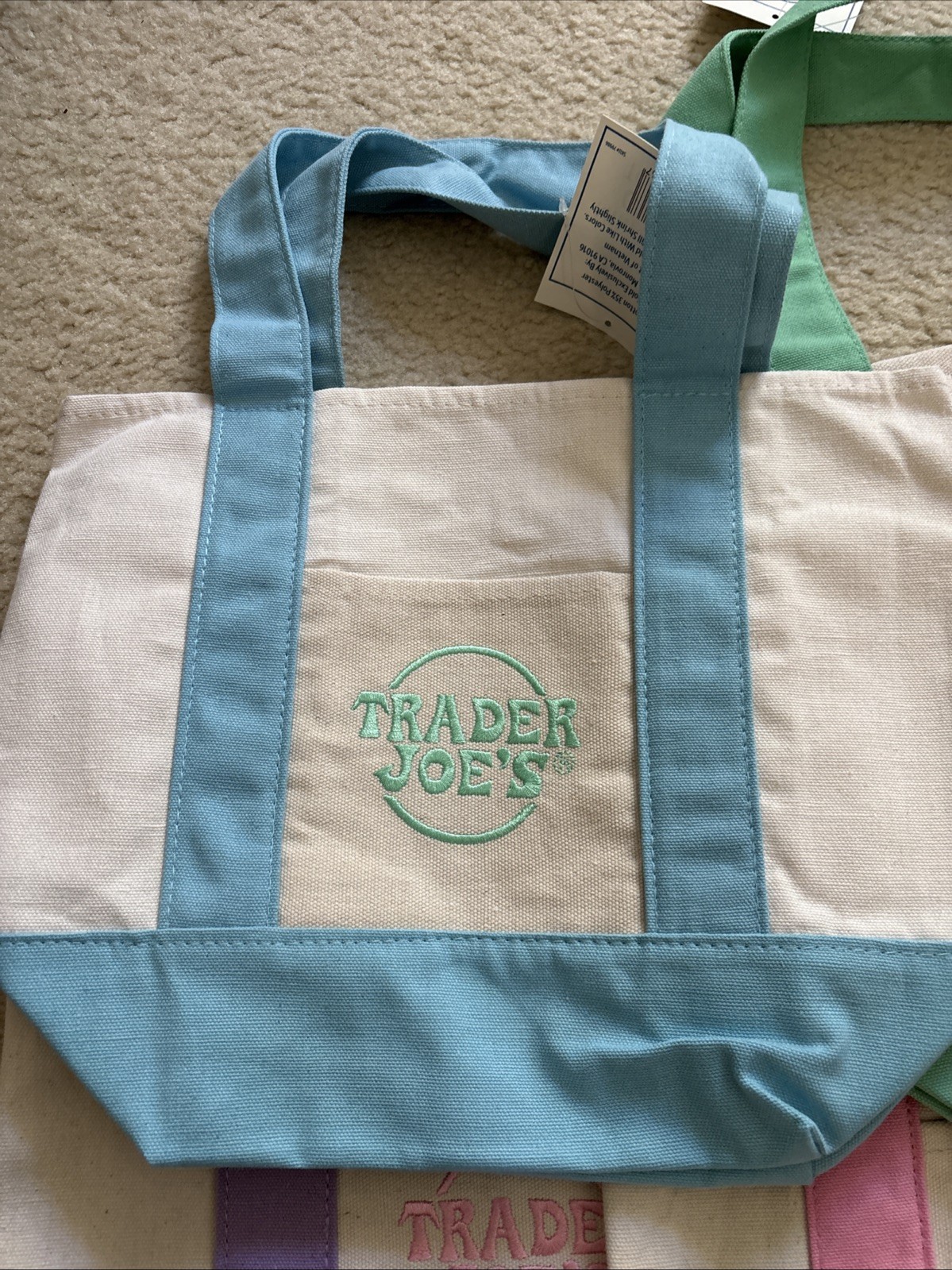 NWT Trader Joe’s Mini Pastel Canvas Tote Bag Set Of 4 Blue Green Pink Purple