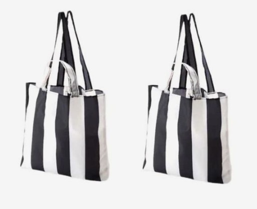 IKEA Skynke Set of 2, Foldable Packable Shoulder Shopper Tote Bags/Stripe, B & W