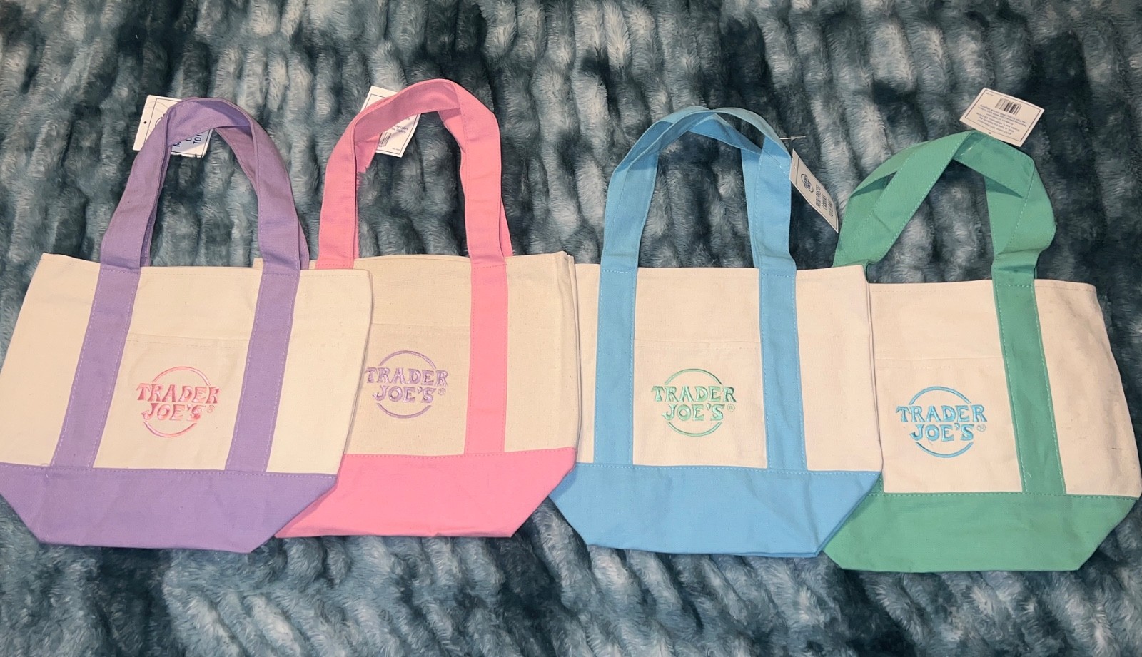 AUTHENTIC Trader Joe’s PASTEL Mini Tote Bag Set of 4 Pink/Green/Blue/Purple