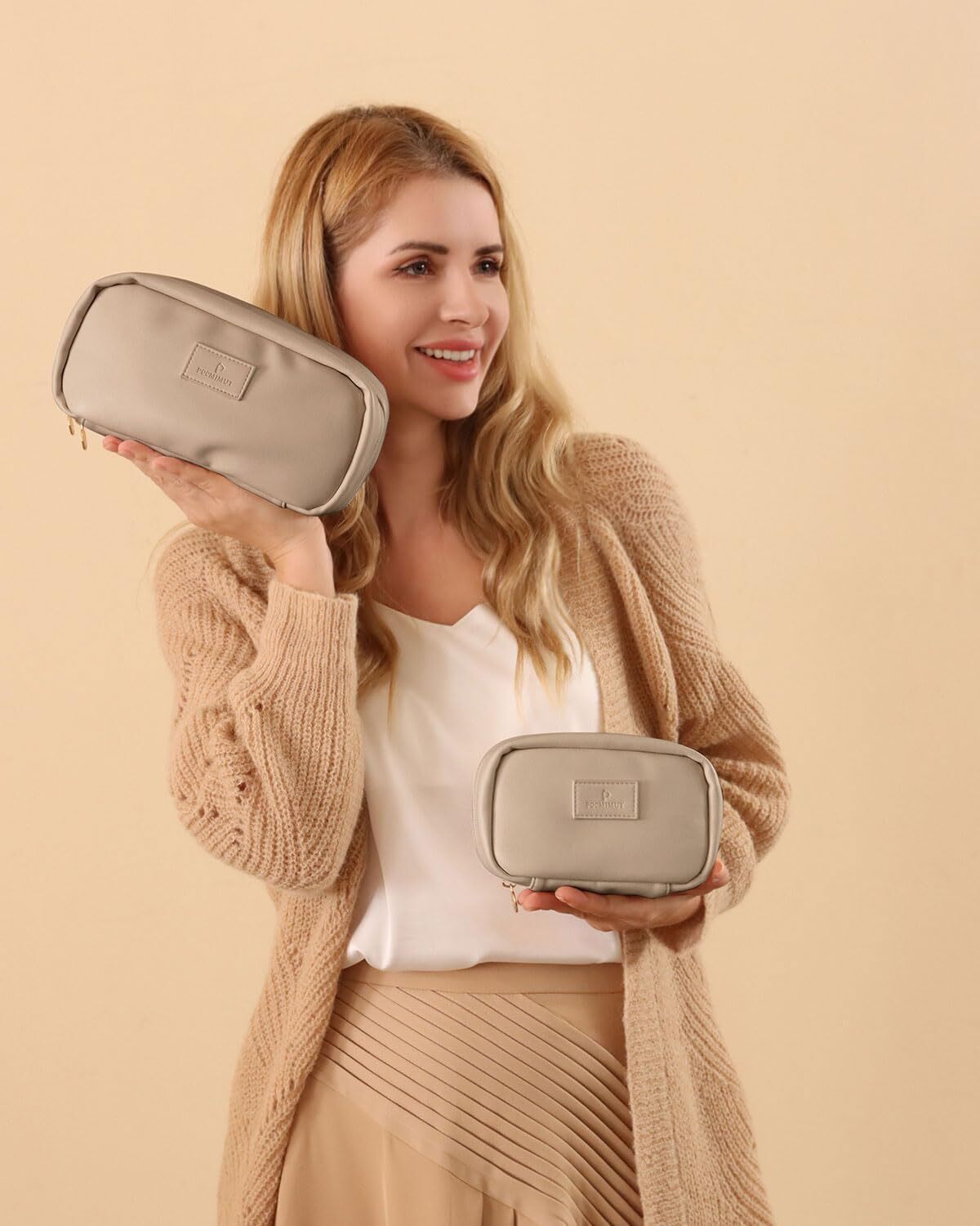 Pocmimut Makeup Bag,PU Leather Travel Cosmetic Bag,Open Flat Large, Apricot