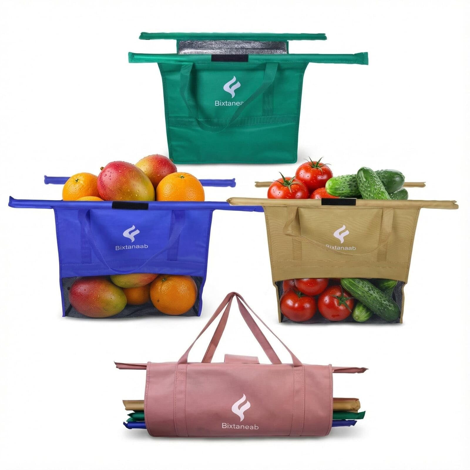 4 PCS Collapsible Grocery Cart Bags Plus 1 Insulated Cooler Organizer