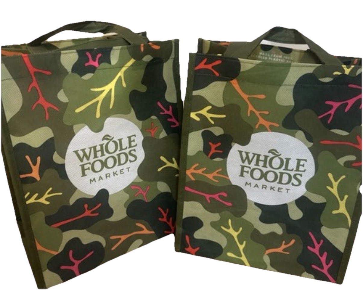 Whole Foods Green Leaf Design Small Reusable Bag 12 x 9 x 7 inch (Set Of 2)