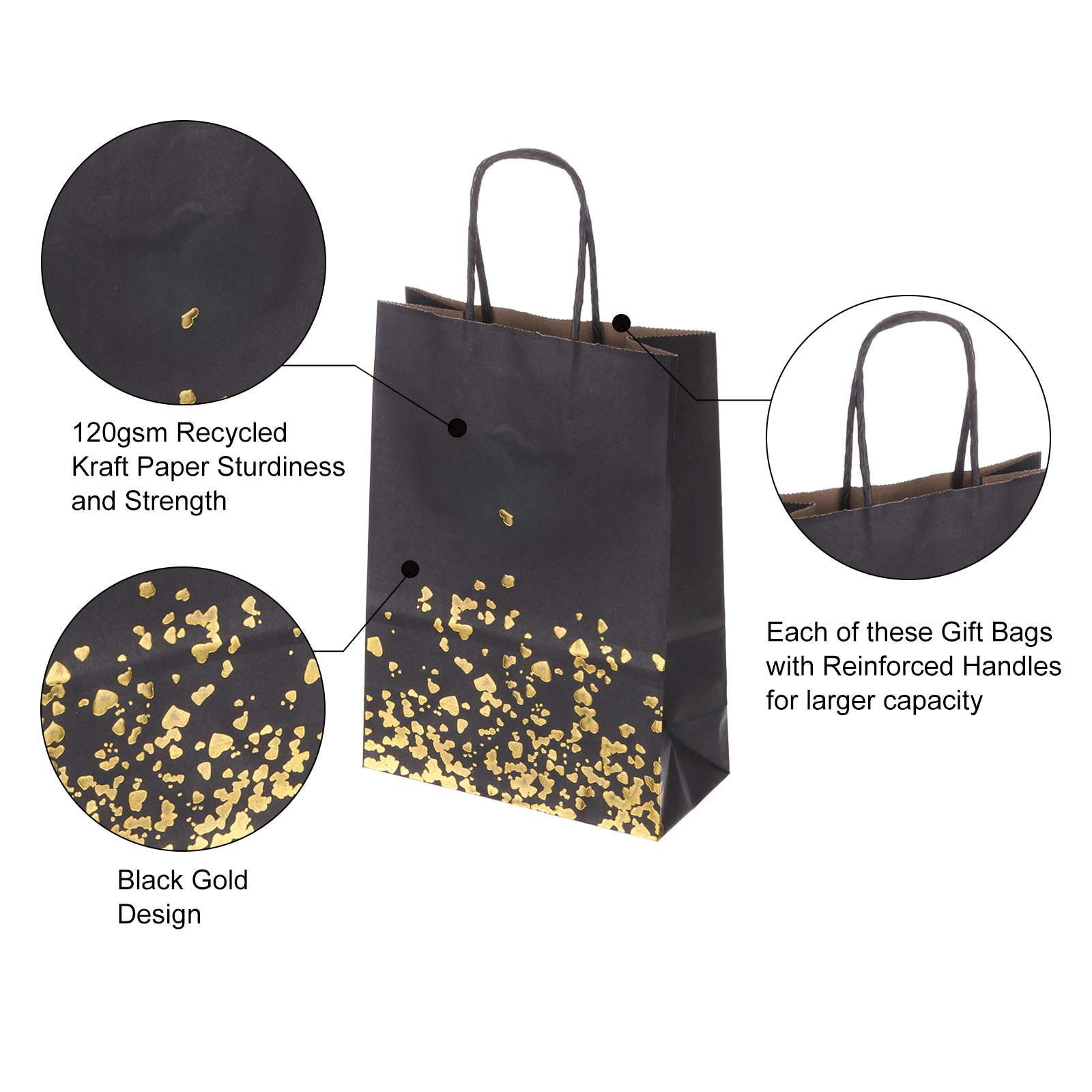 24Pcs Kraft Gift Bags with Handles Bulk, Black Gold Heart Party Favor Bags