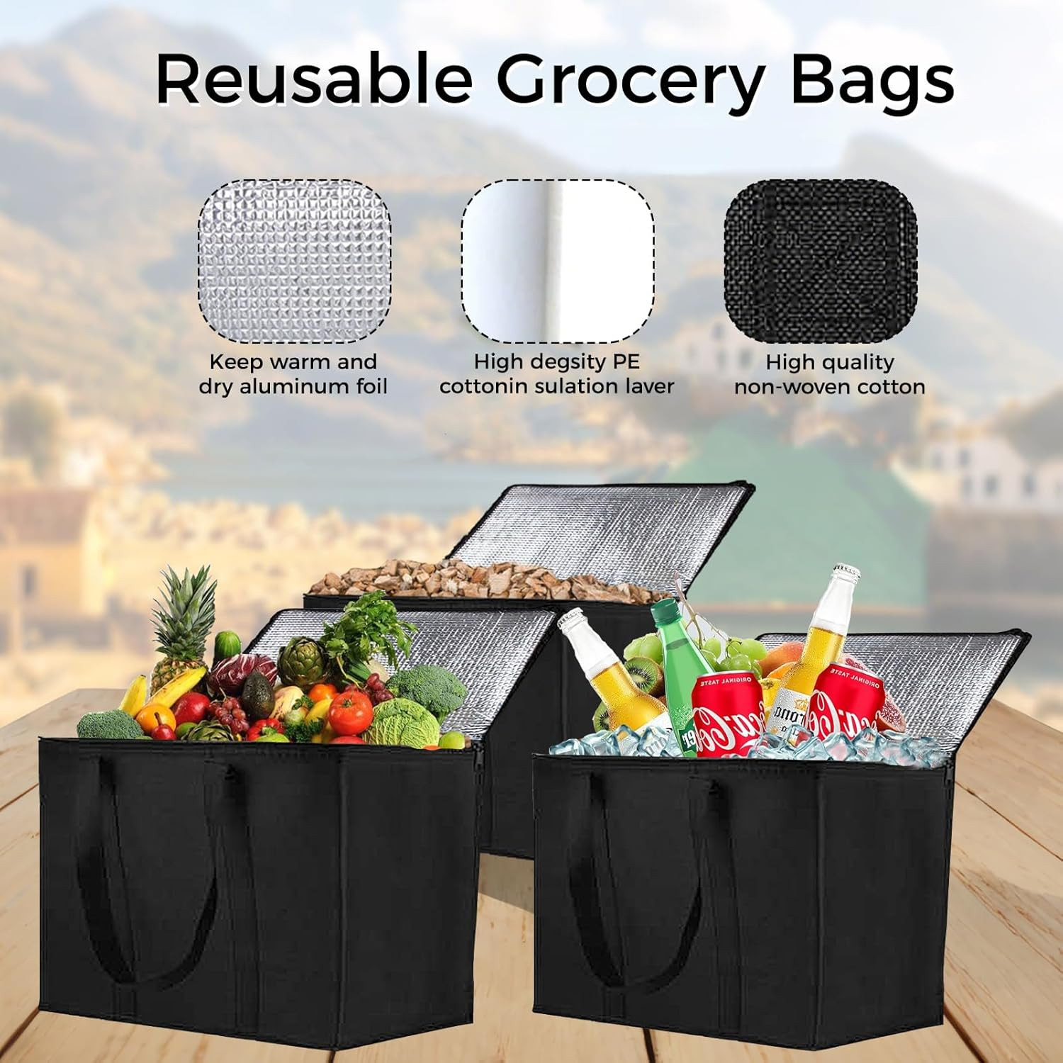 3 Pack Insulated Grocery Bags with Zippered Top, Black Shopping Bags with Handle