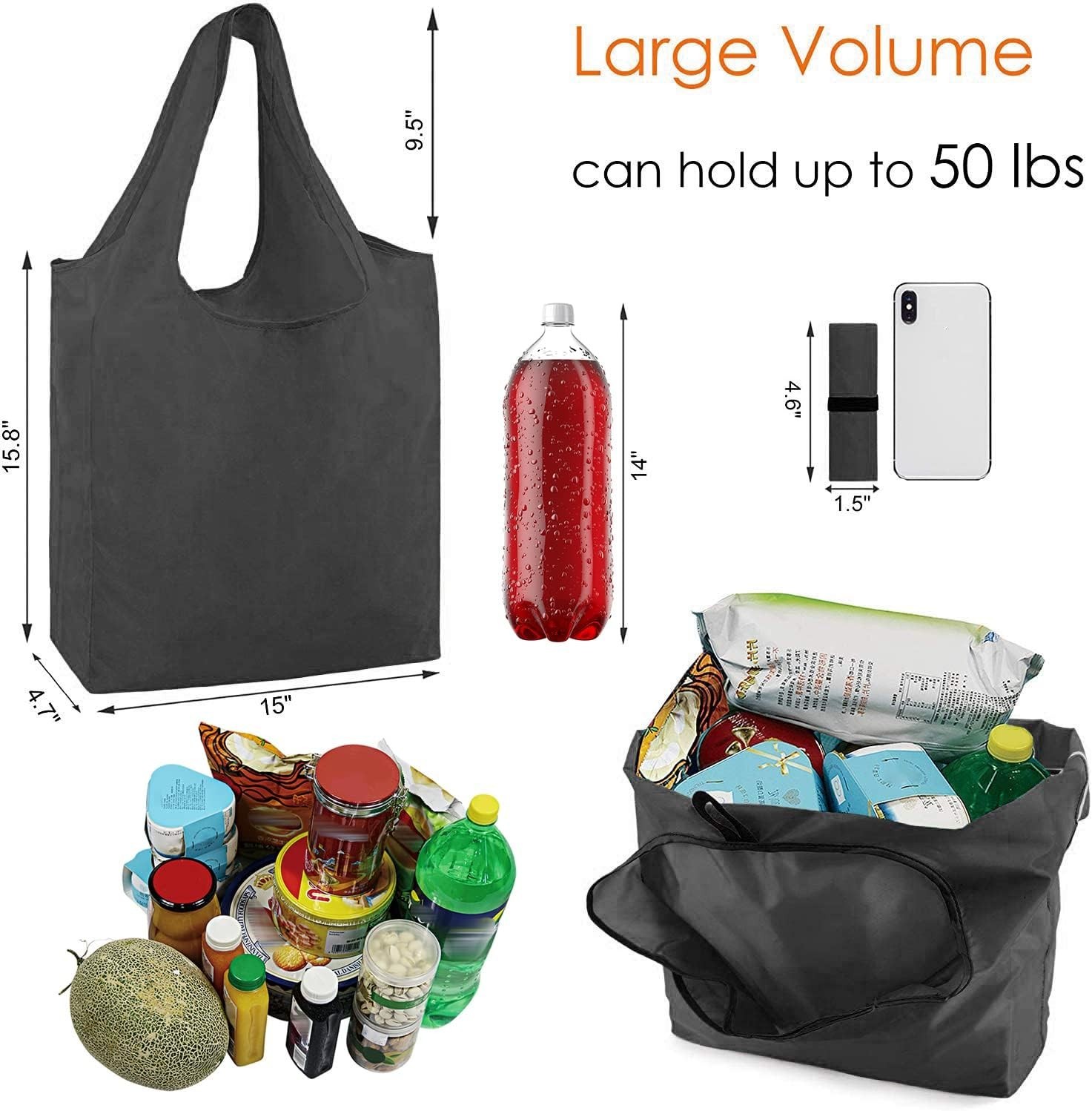 Bulk Set: 10 Black Reusable Grocery Bags, 50LBS Capacity, Machine Washable