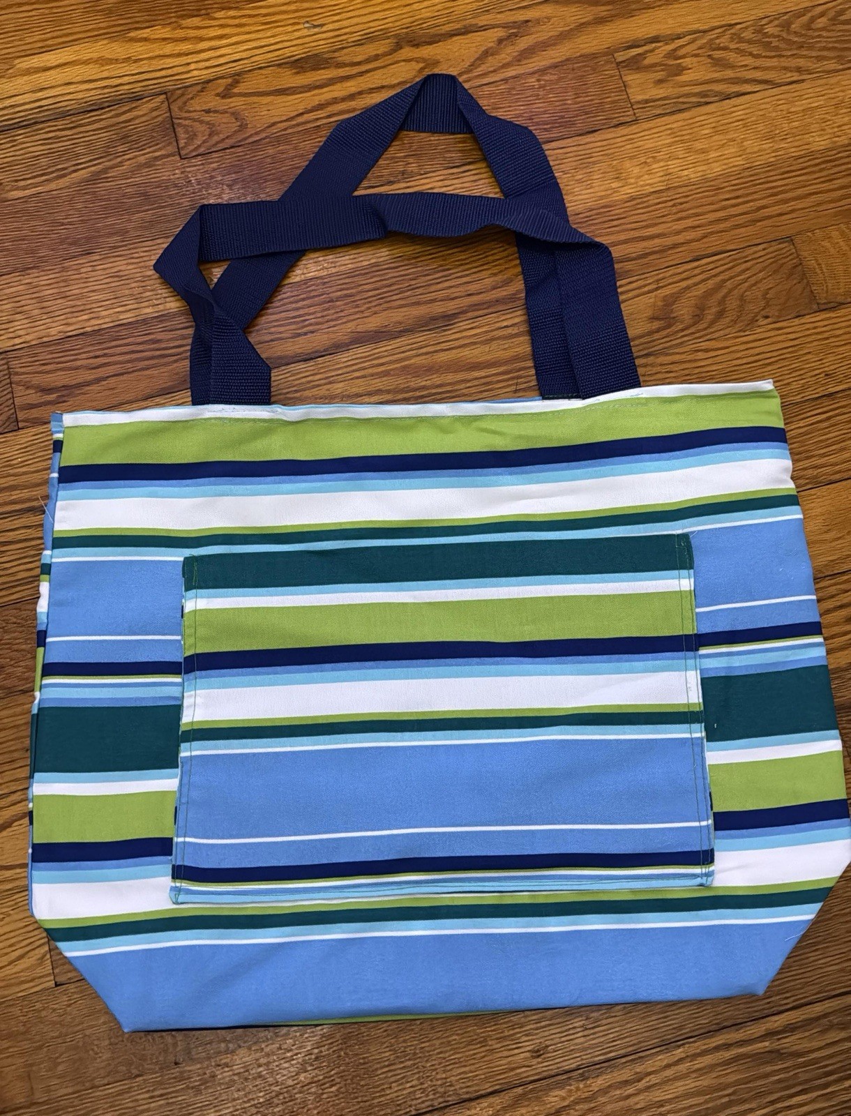 Blue Green White Stripe Reusable Foldable Polypropylene Tote Bag 18x16x6 in