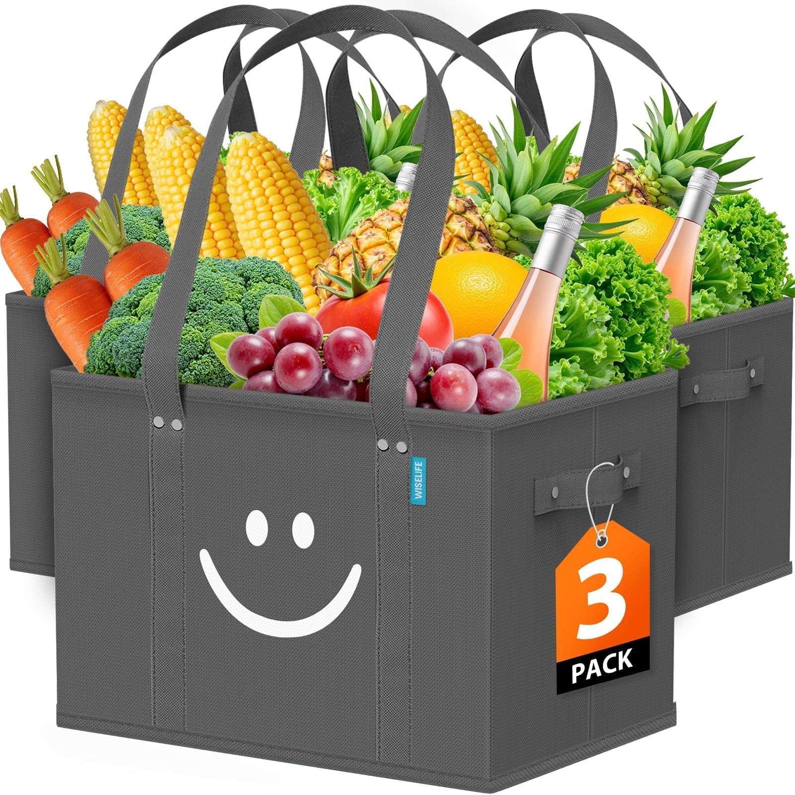 Reusable Grocery Bags 3 Pack – Collapsible Tote Shopping Bags with Sturdy Han…