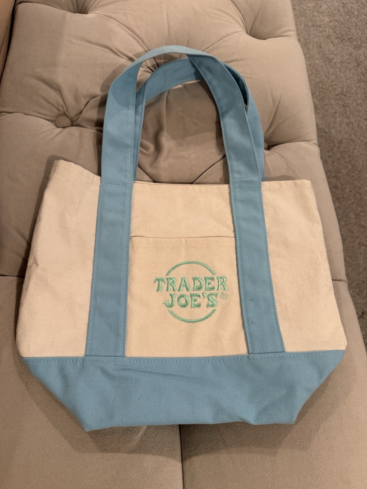 Trader Joe’s Canvas Reusable Shopping Bag Colorblock Beige Blue 13x6x14 in Used