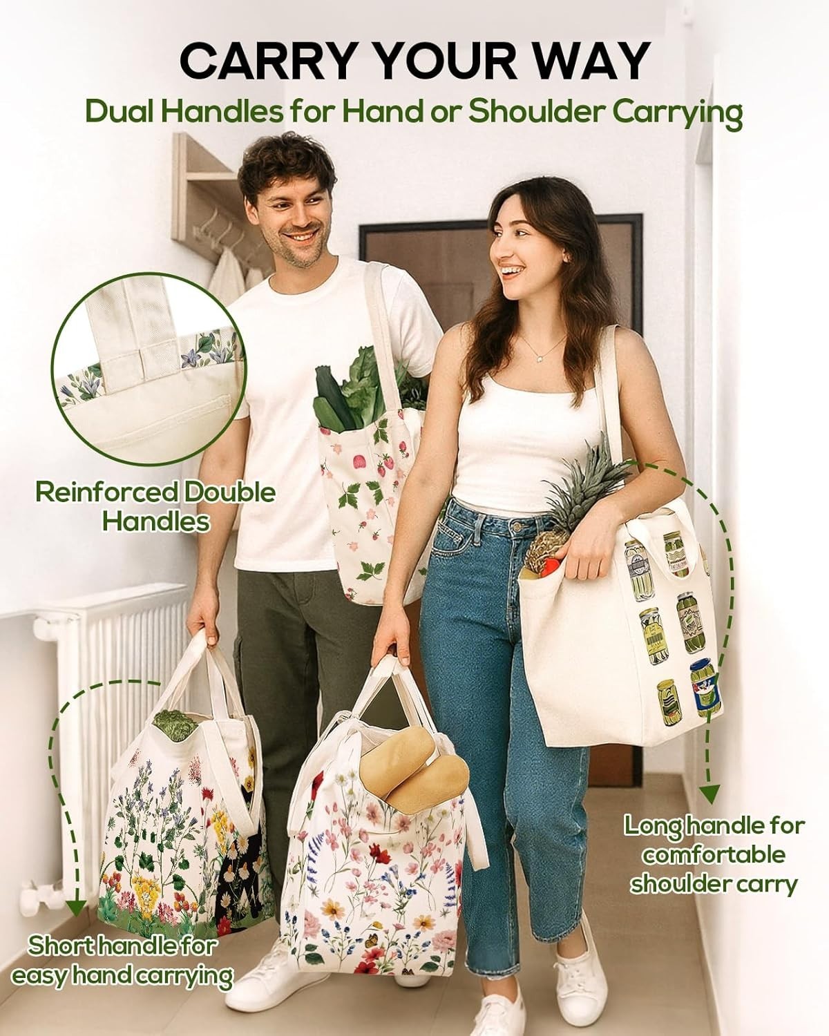 Durable Canvas Shopping Tote – Vintage Flower Design with 2 Comfortable Straps