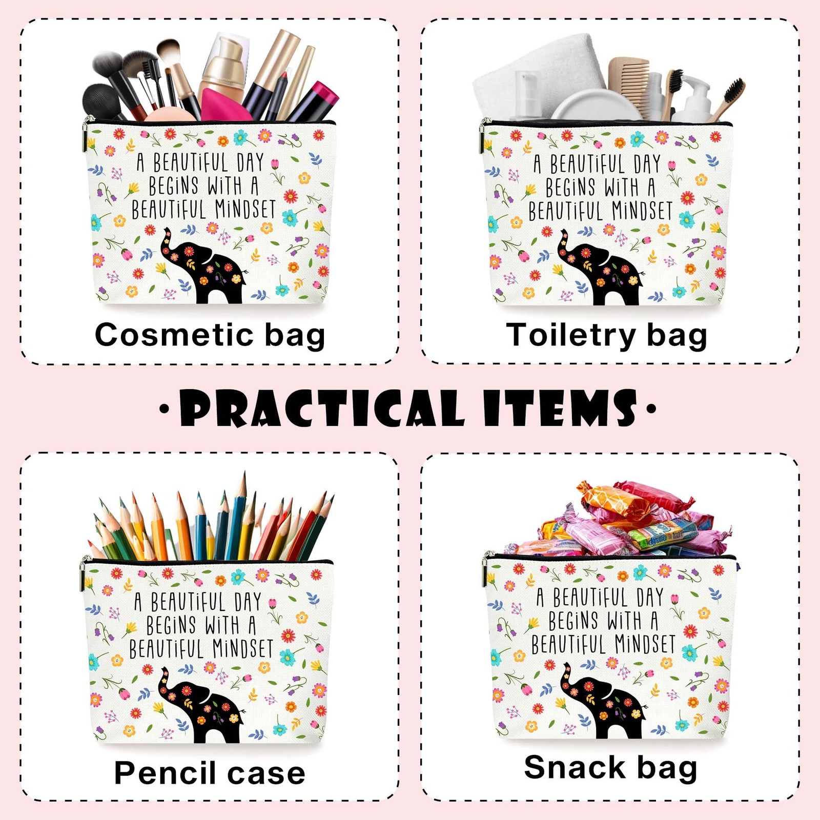 ZYQFN Elephant Cosmetic Makeup Bags, Daily Positive Affirmations for White