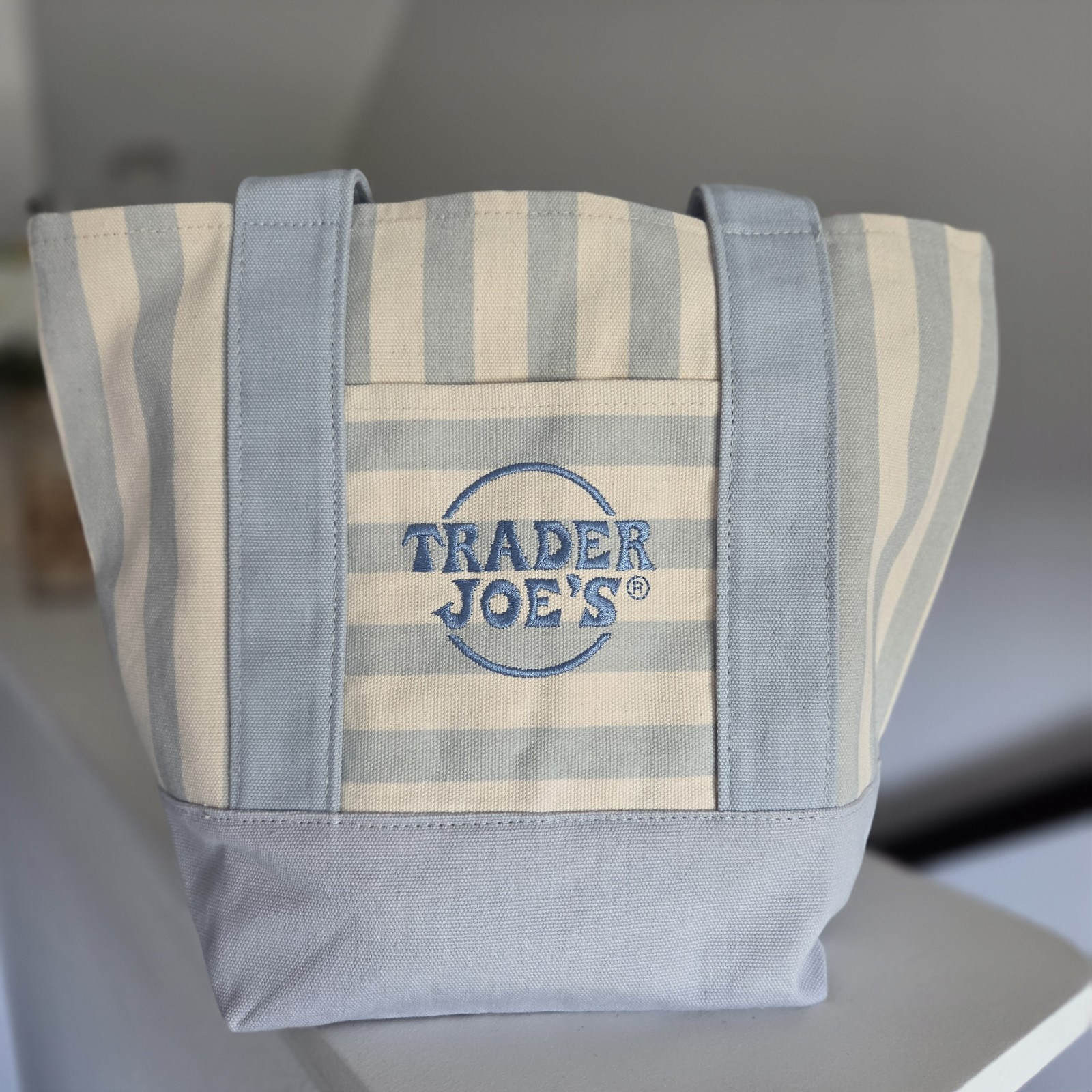 Trader Joe’s Limited Mini Canvas Pastel Striped Tote Bag 2026 Light Blue