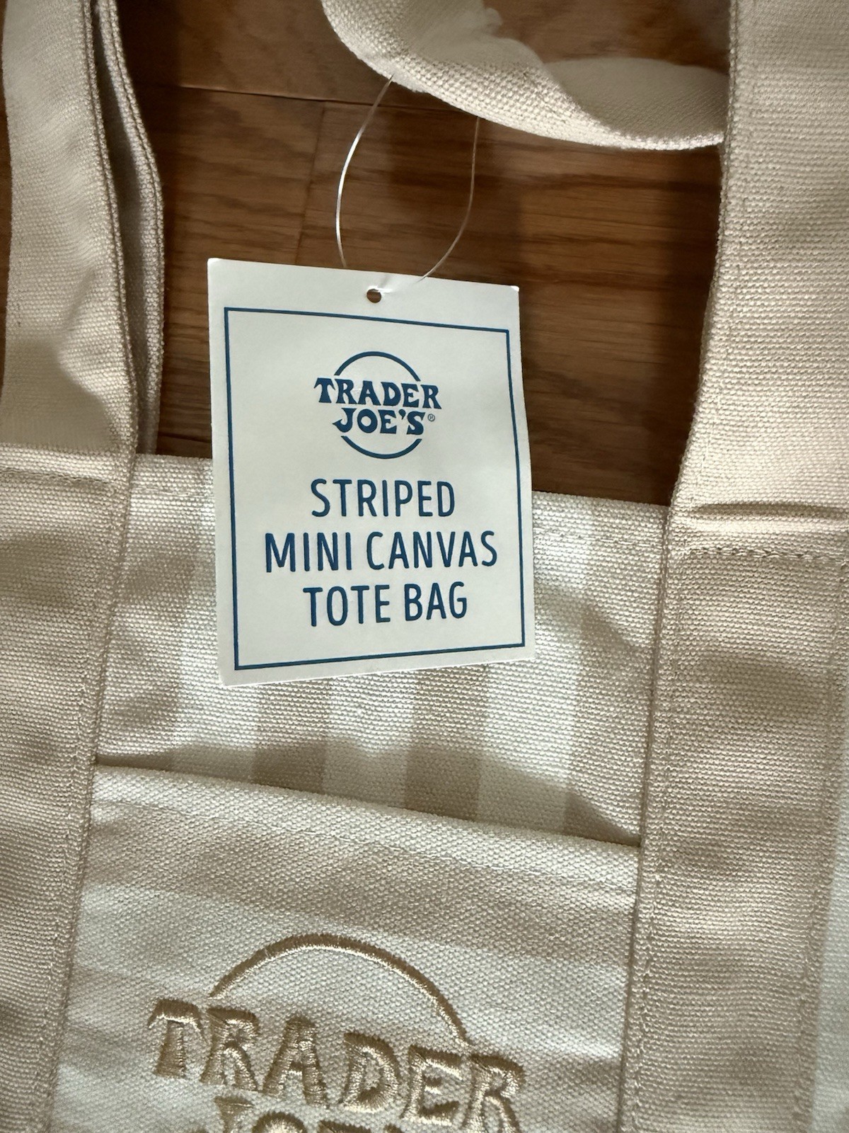 Trader Joe’s Striped Mini Canvas Tote Bag Beige/White Reusable 13x8x10 in