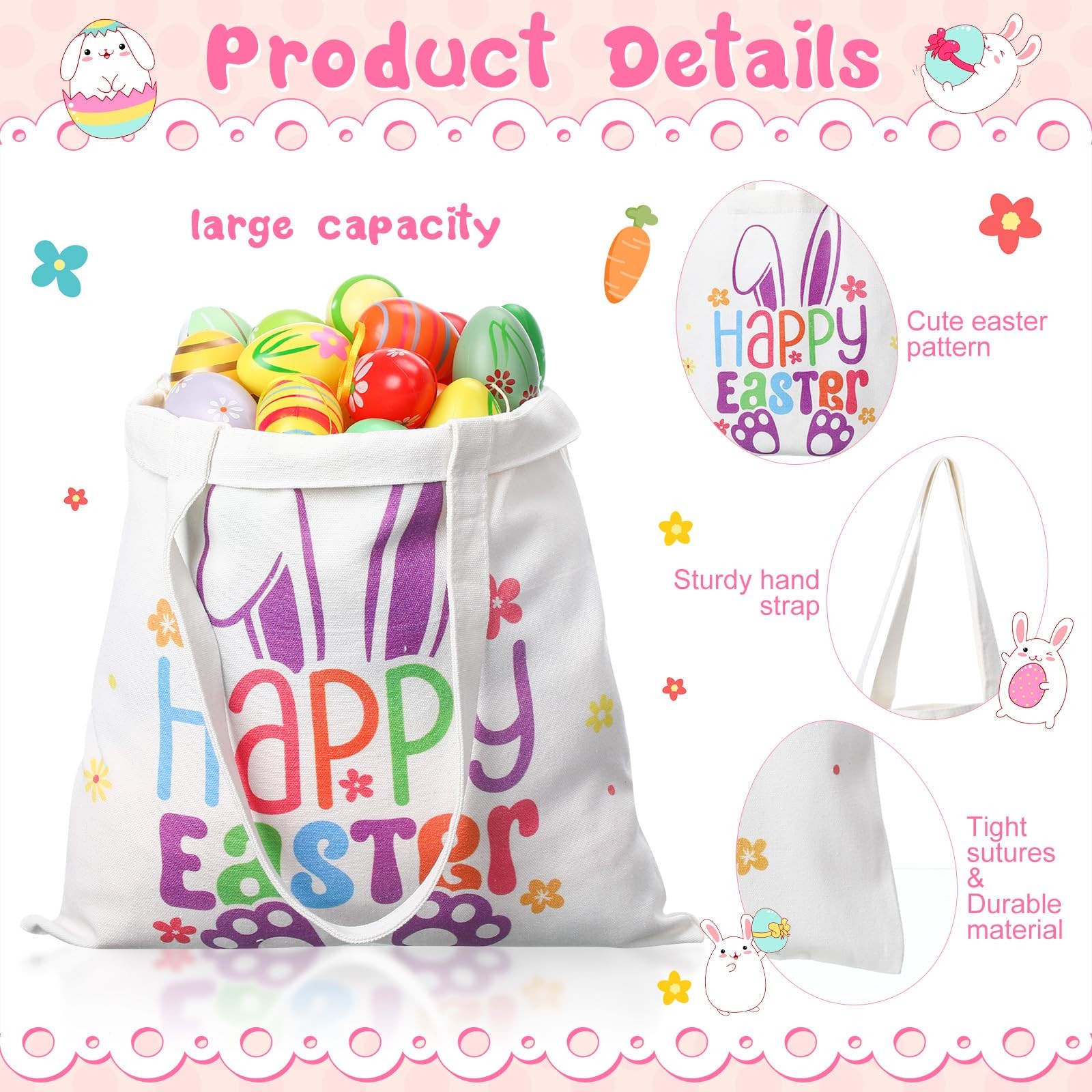 6 Pcs Easter Tote Bags 13.78 x 13.39 Inch Canvas Bunny Gifts Bags for Spring …