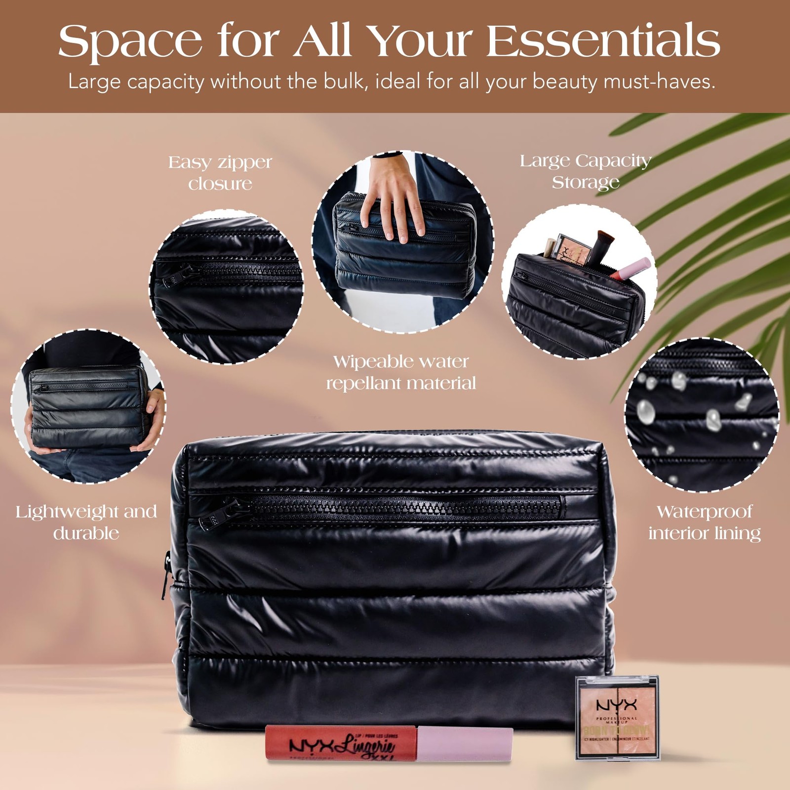 Citi Collective Premium Cosmetic Bag for Women| 9 x 6.25 x 3.3 inches, Black
