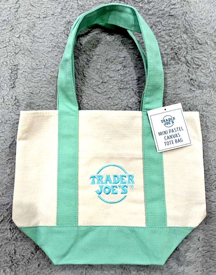 Trader Joe’s Pastel Green Canvas Mini Tote Bag Embroidered Double Handles