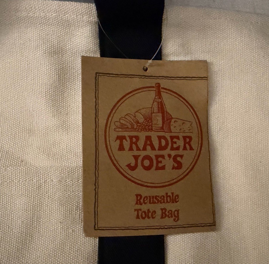 Trader Joe’s Large Tote Bag , Beige Navy Blue – Cotton Blend **AUTHENTIC**