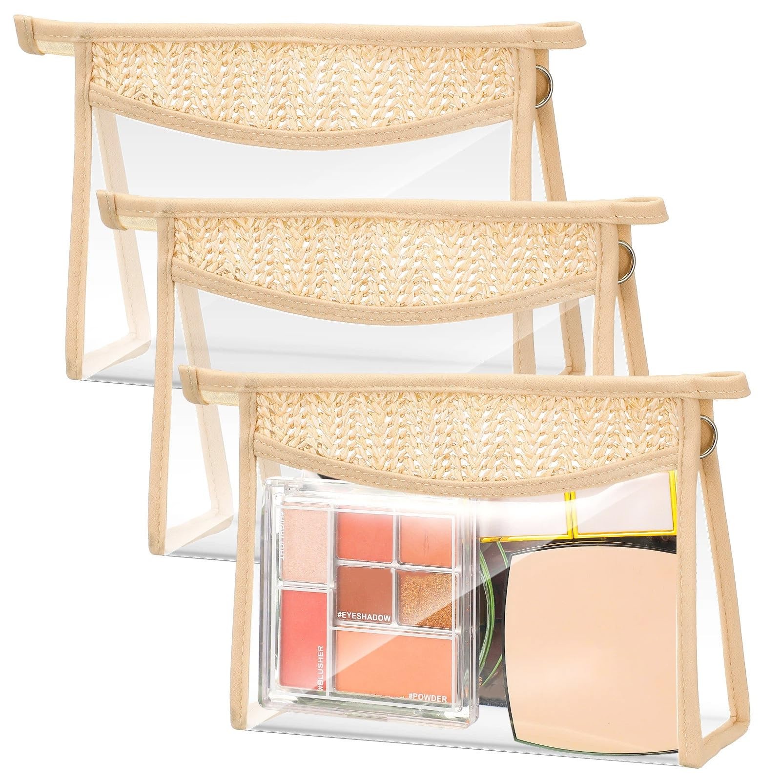 Baderke 3 Pcs Boho Clear Cosmetic Makeup Bags with Zipper Small khaki