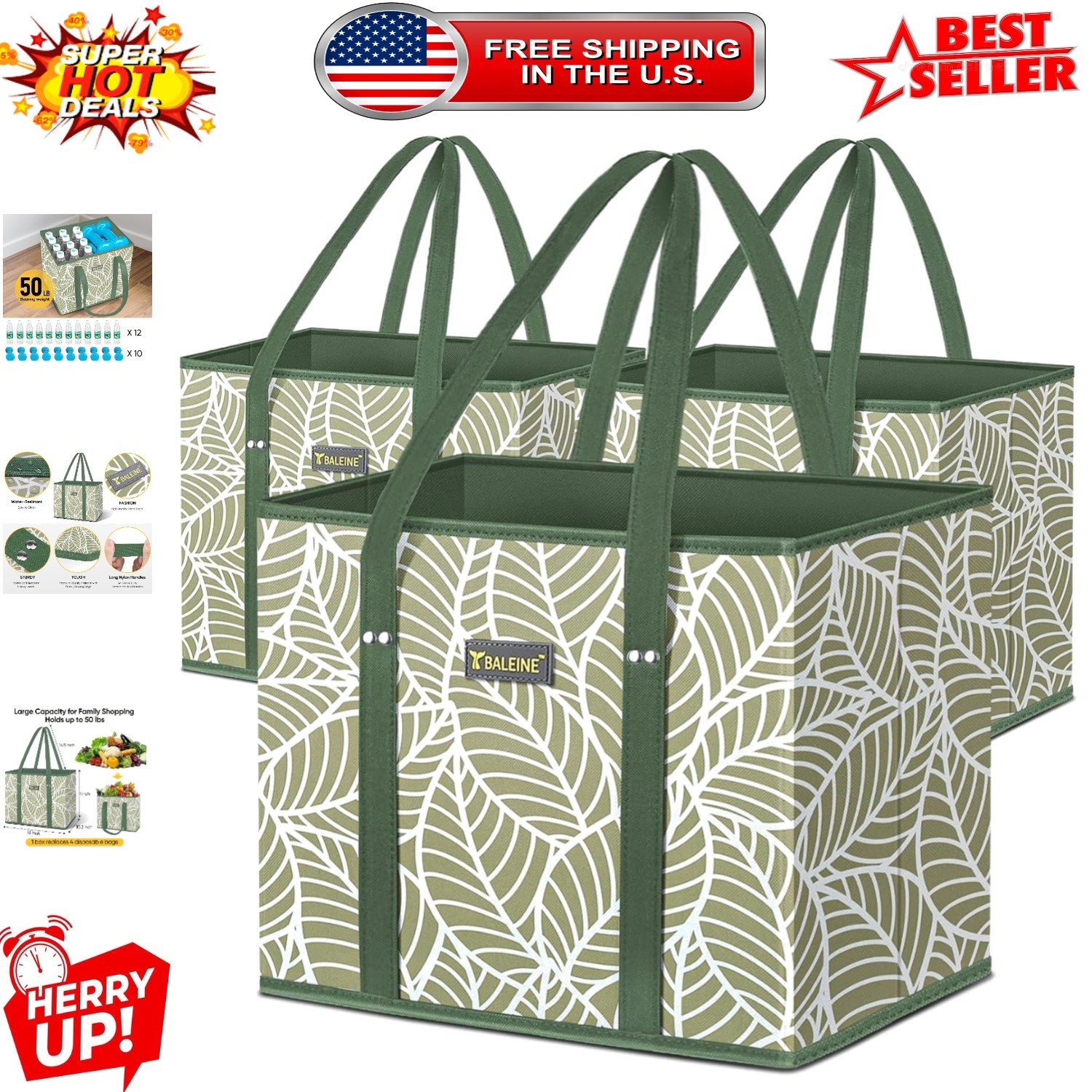 Antique Foliage 3Pk Water-Resistant Reusable Grocery Bags – Strong & Sturdy