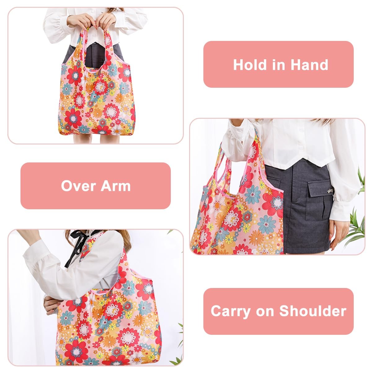 12 PCS Floral Cute Waterproof Foldable Washable Reusable Grocery Tote Bag