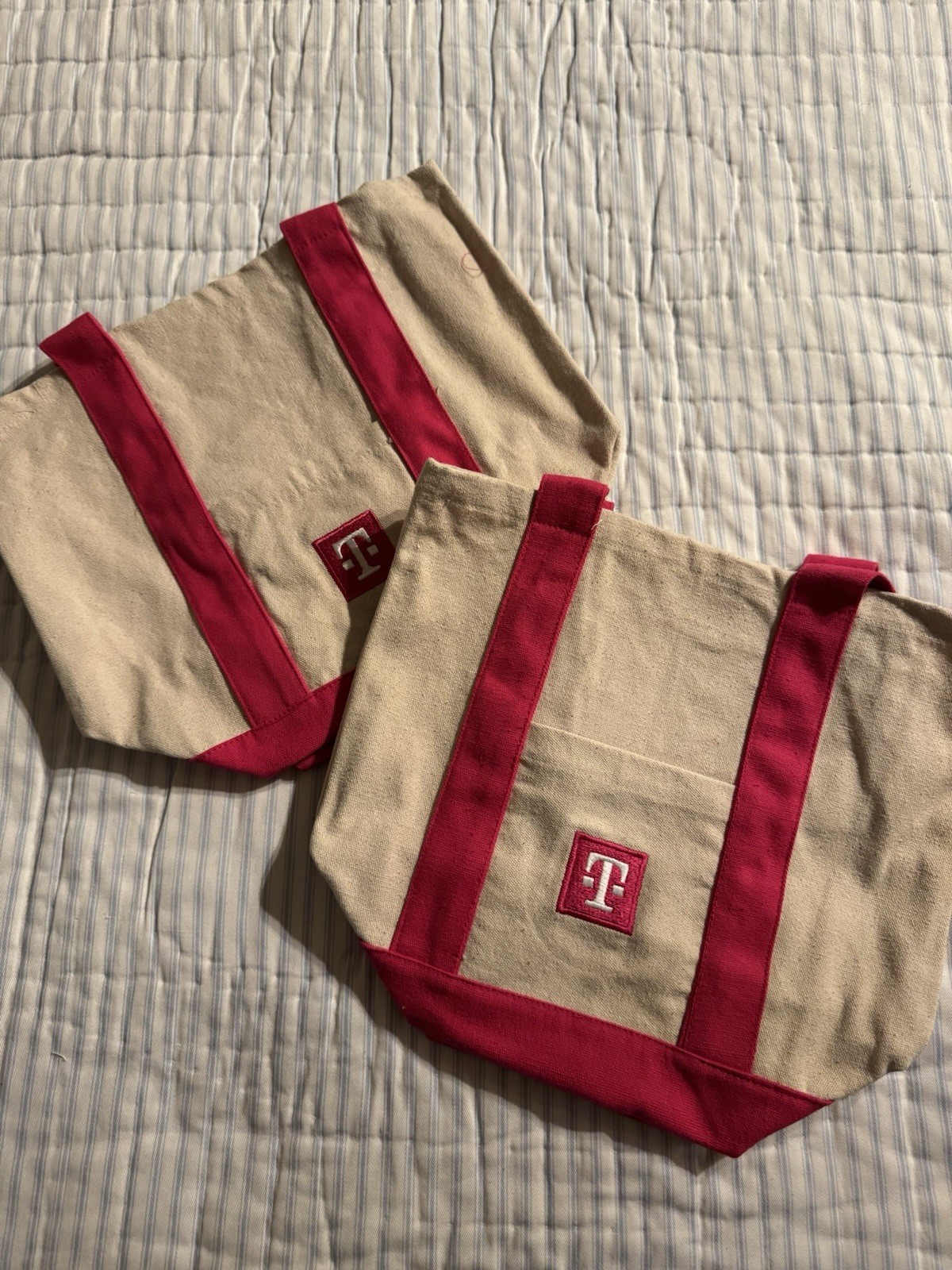 Lot Of 2 T-MOBILE Tuesday Mini Canvas Tote Bag Off White Pink 12.75 x 10.75″