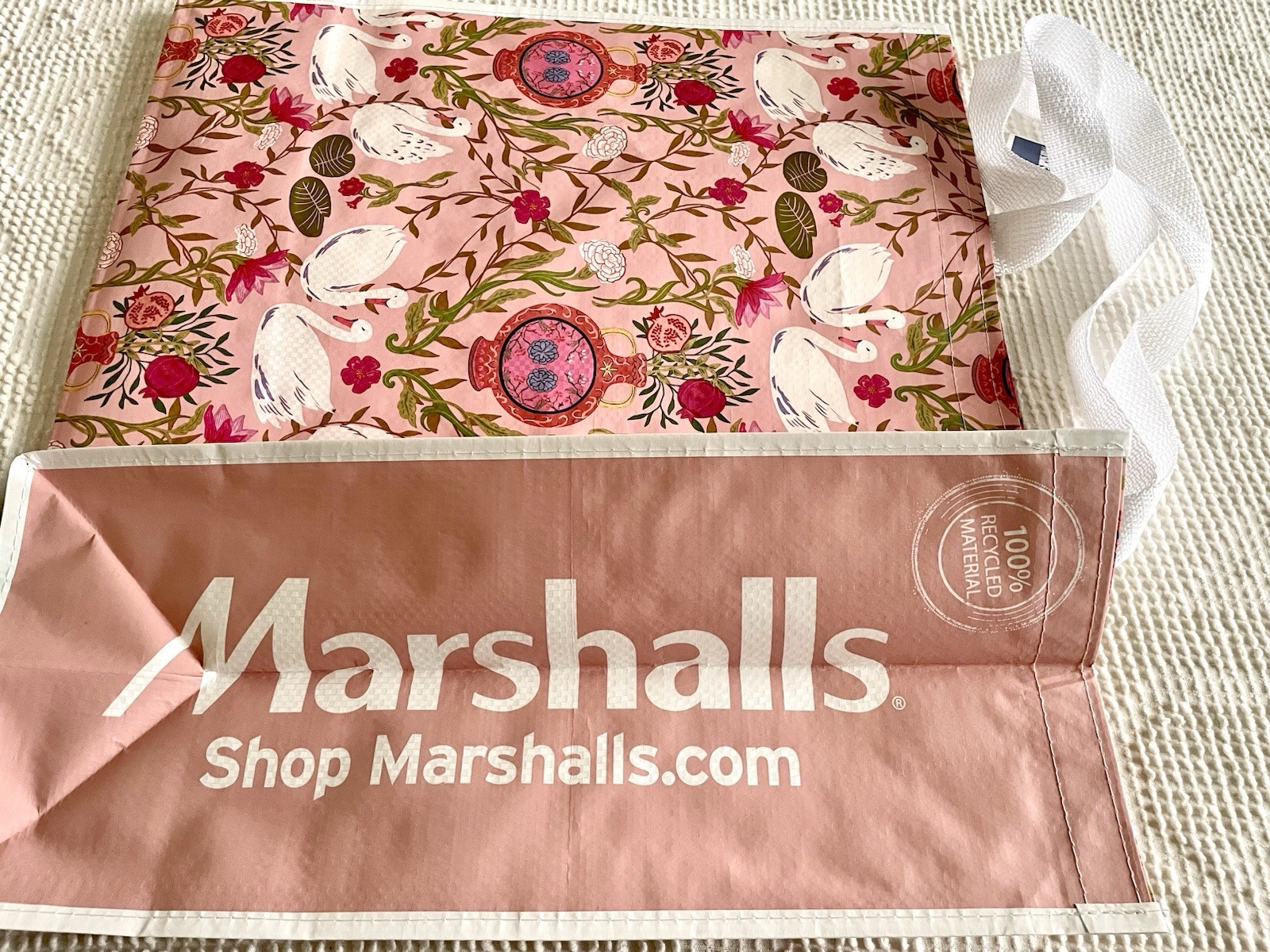 MARSHALLS Large Reusable Shopping Bag Tote Swans Flowers Vases Pomegranates NWT