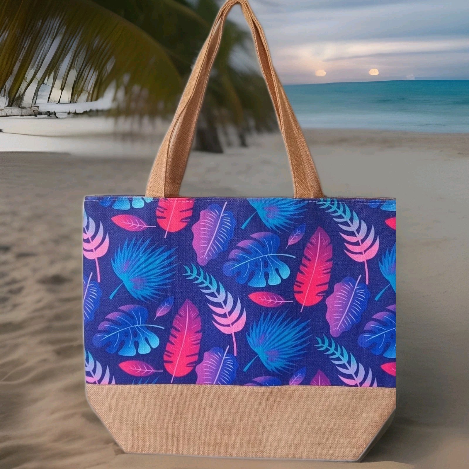 Large Blue Multicolor Leaf Print Polyester Tote Reusable Bag Beige Handles