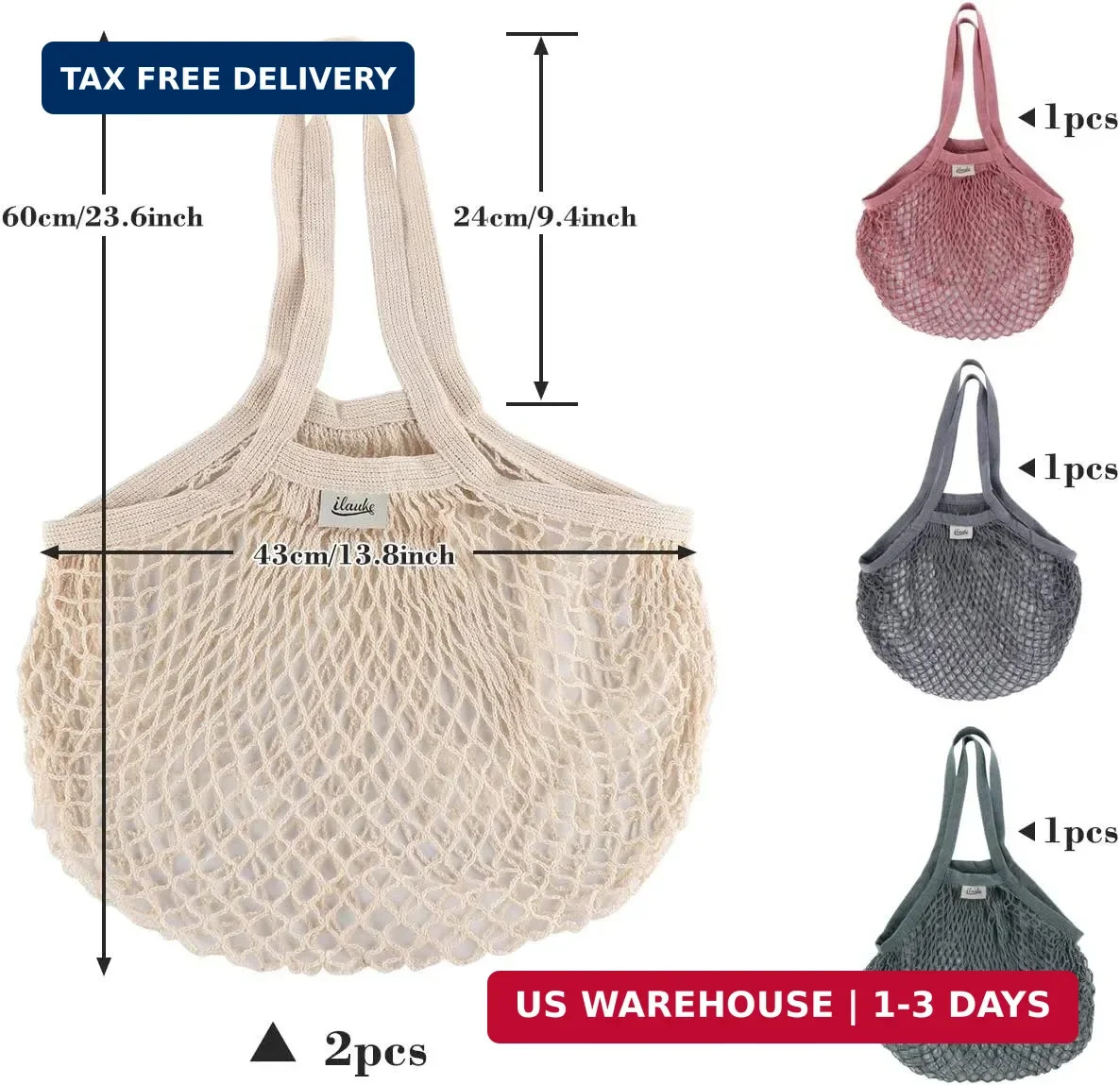 Cotton String Mesh Grocery Bags Set of 5 Reusable Net Tote Shopping Produce Bag