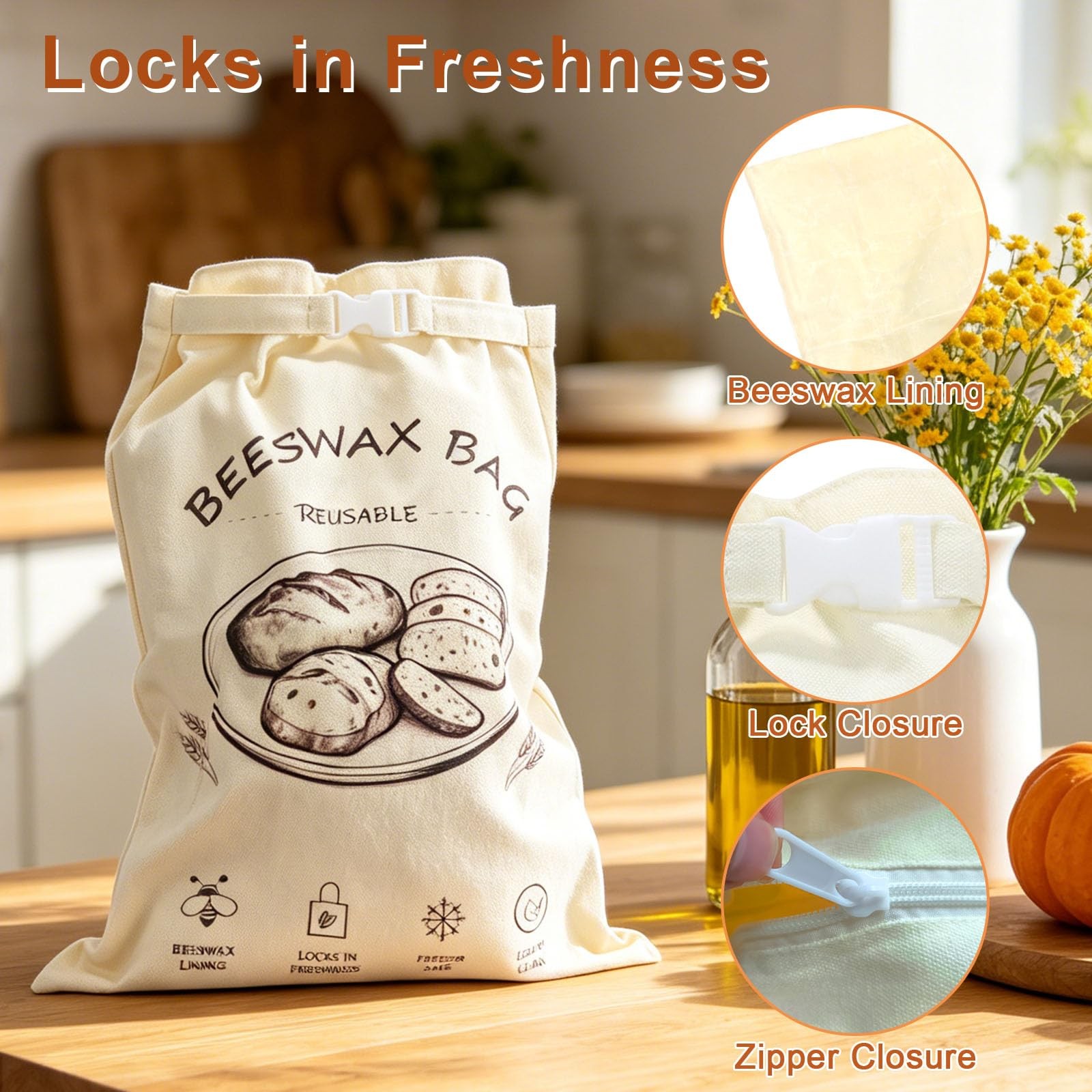 Beeswax Bread Bag 2 Pack, Reusable Organic Cotton 13 x 17 inches, Beige