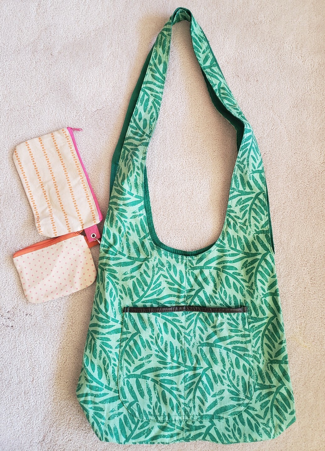 Reusable Green Print Linen-Cotton Magnetic Snap Closure Shopping Shoulder Bag
