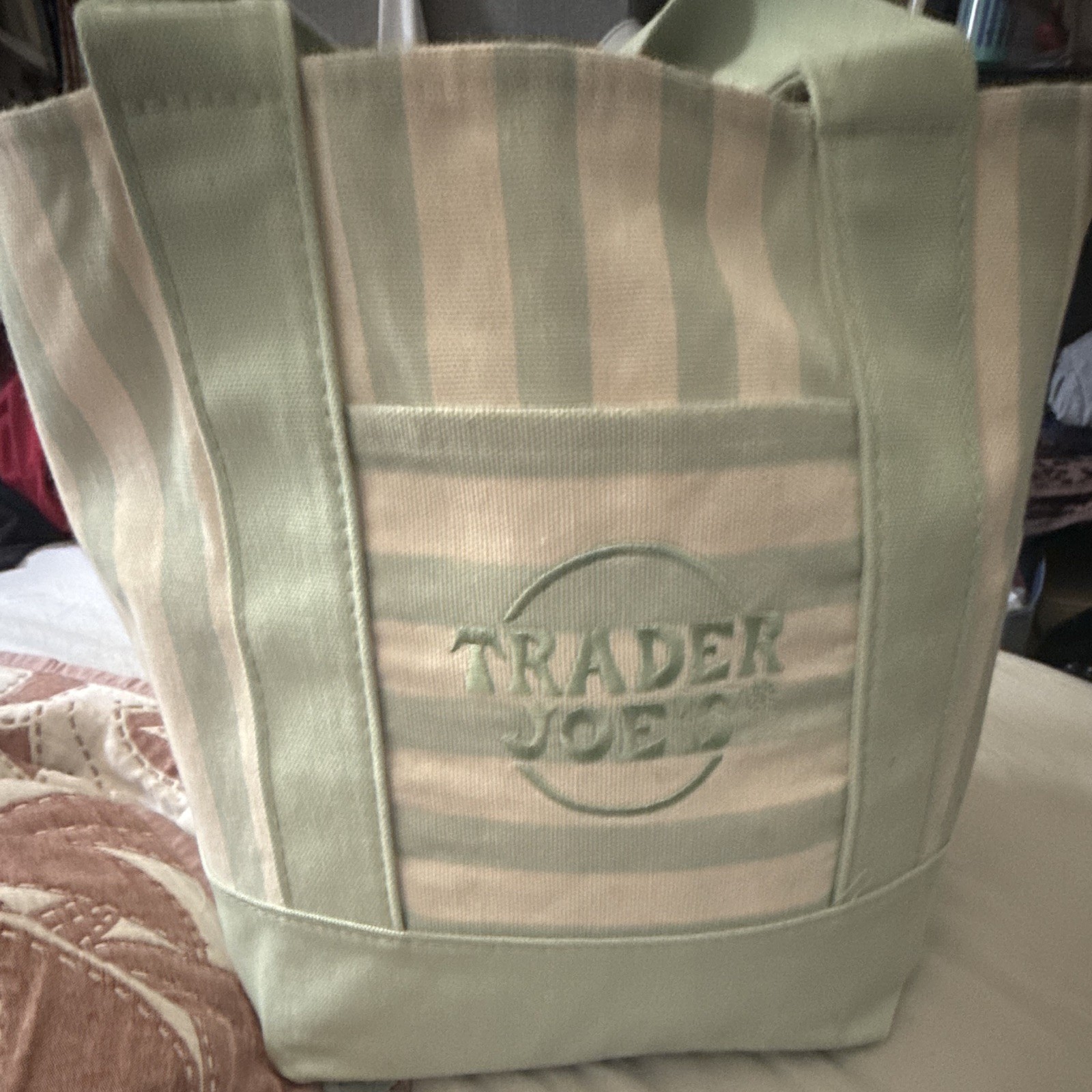 Trader Joe’s Reusable Tote Bag Green/Beige Stripe Small. Ship to Japan