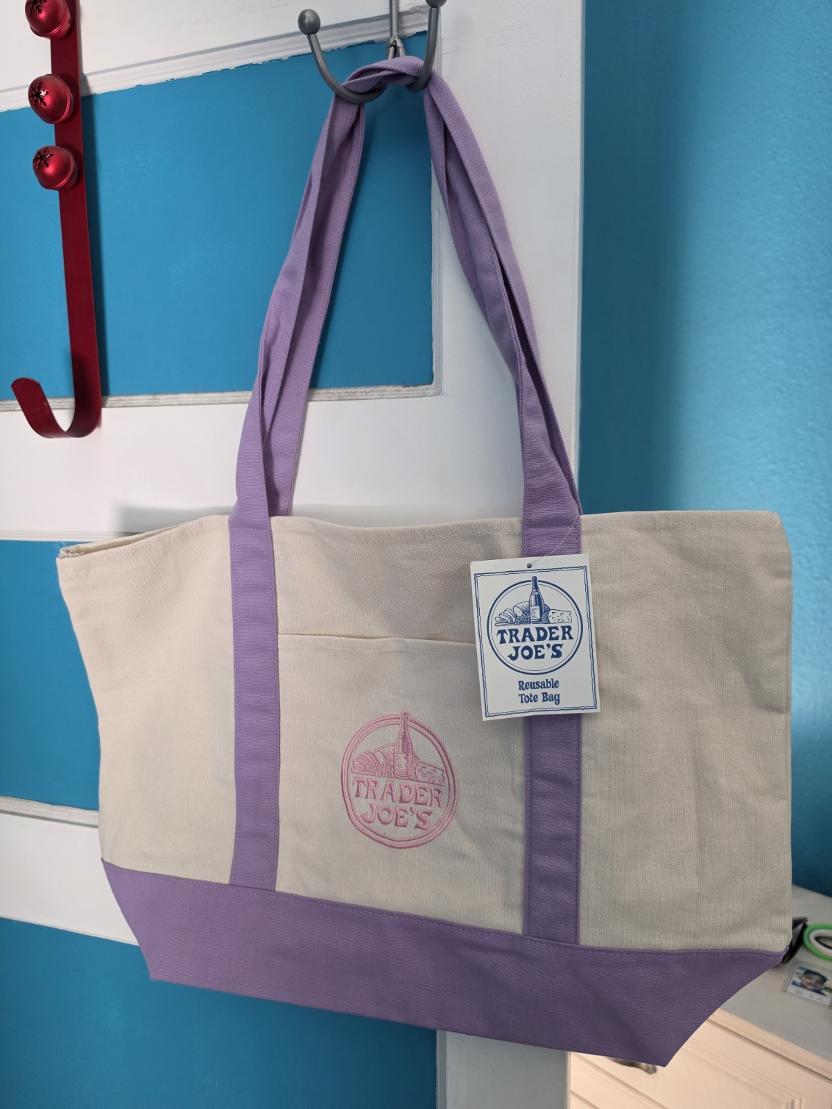 Trader Joe’s Reusable Beige Purple Canvas Tote Bag Solid Plain