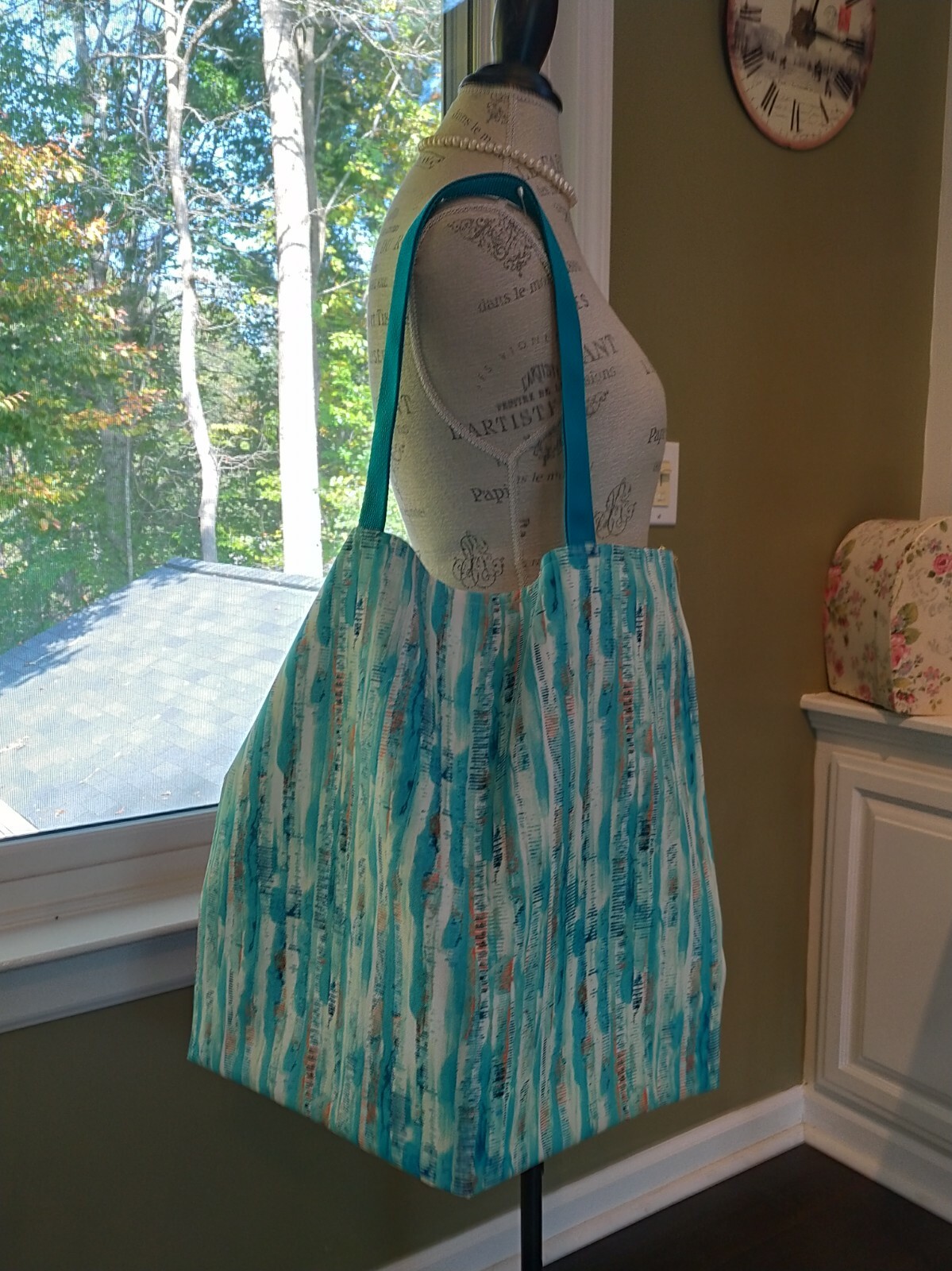 XLG UNLINED MARKET TOTE BAG made w/All-WEATHER/”Turquoise/Southwest” print, NEW