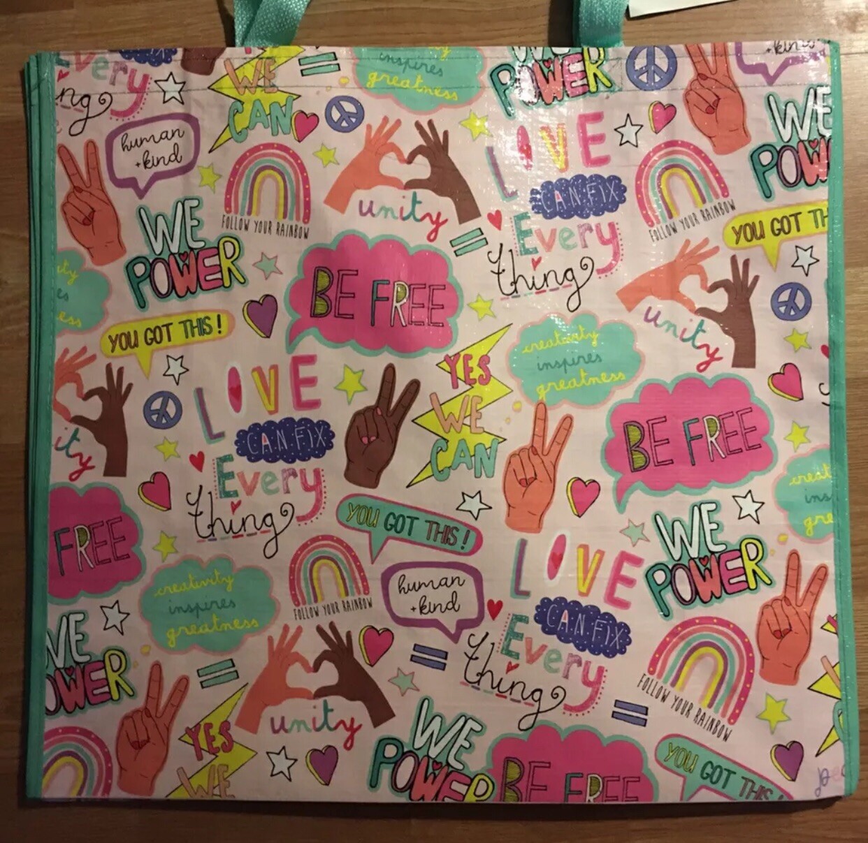 NEW TJ Maxx Homegoods Shopping Bag PEACE LOVE UNITY~Rainbow HIPPY~Reusable Tote