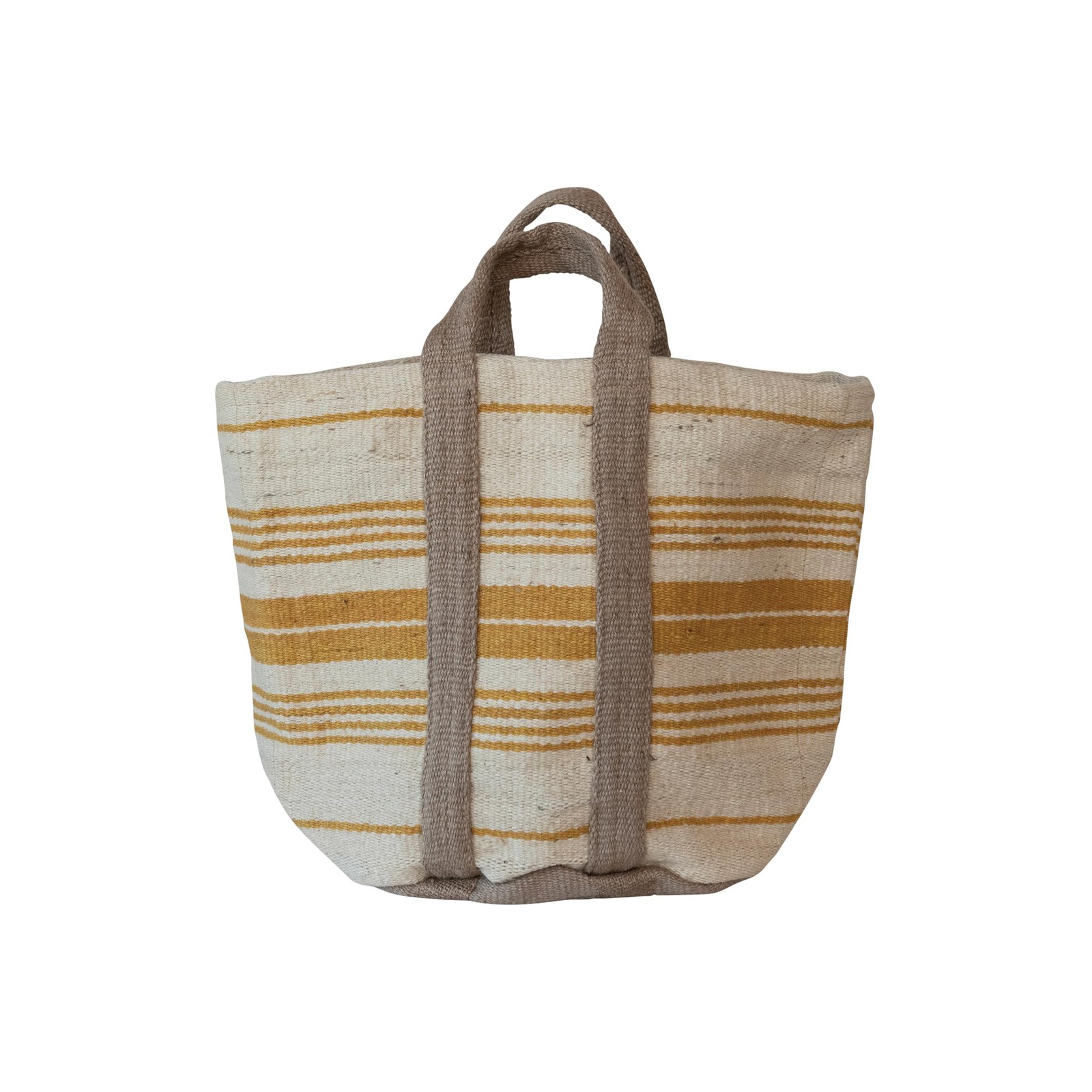 Jute and Cotton Tote Bag with Stripes and Handles, Cream, Yellow, and Natural