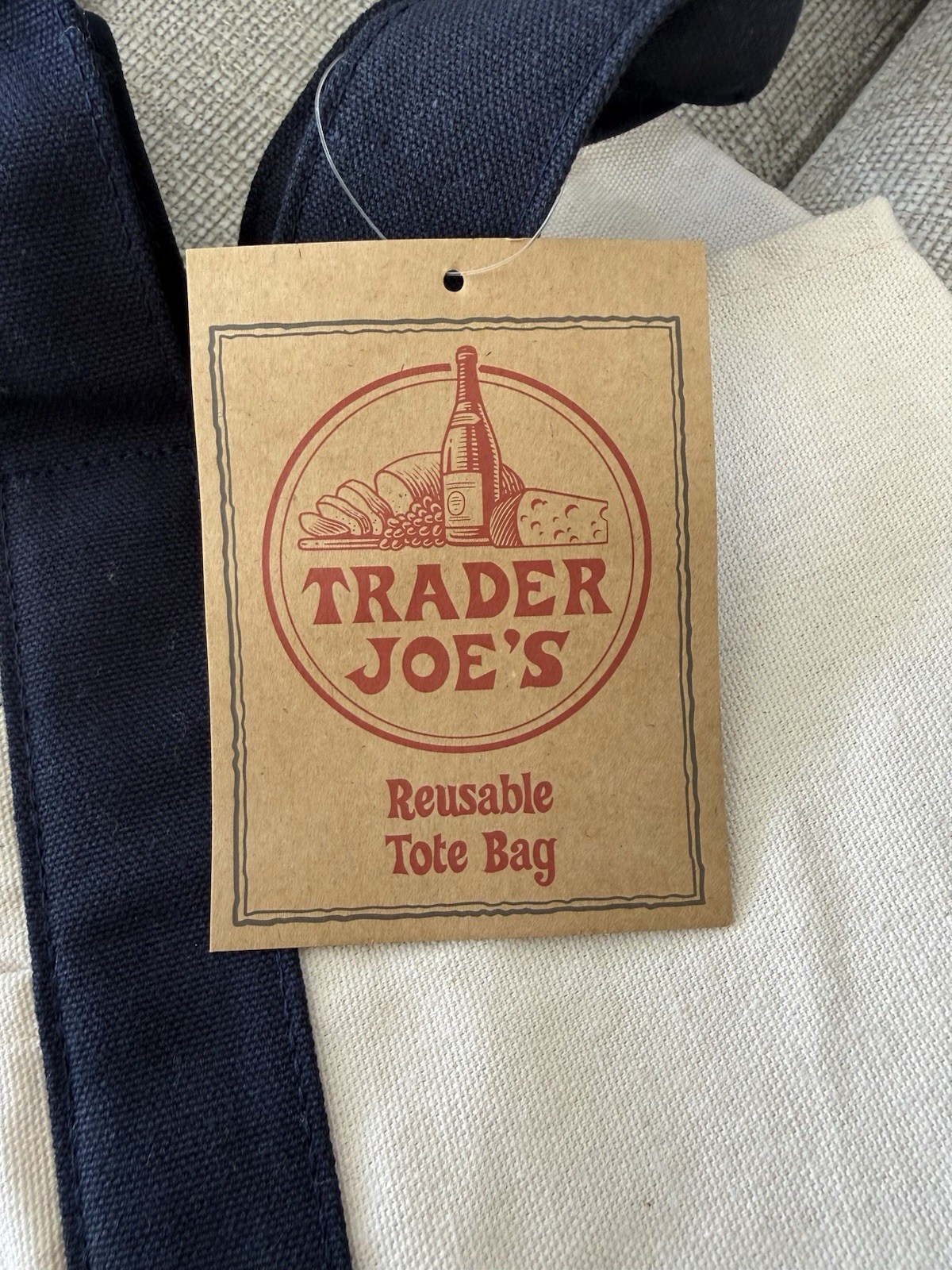 Trader Joe’s Reusable Tote Bag Foldable Cotton Polyester Beige Navy Blue