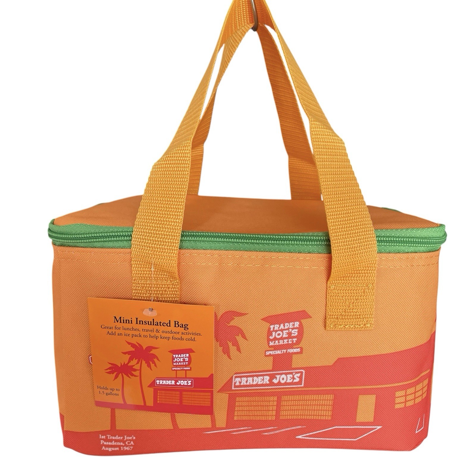 Trader Joe’s Insulated Mini Tote Bag Lunch Cooler Orange Green Foldable NWT
