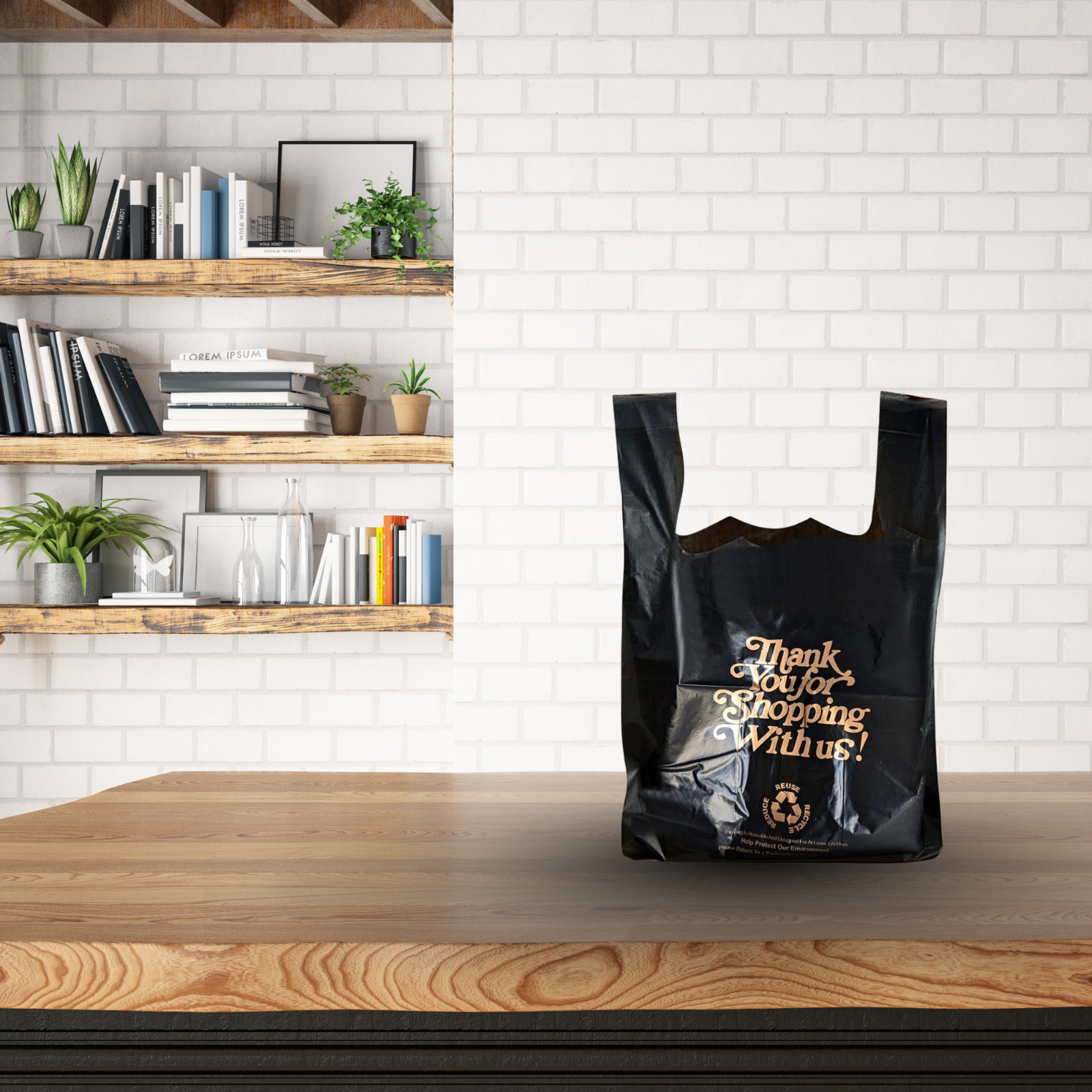 [1000] 1/8 Black Thank You Plastic Bags 10x5x18 – Grocery, Takeout, Retail Bulk