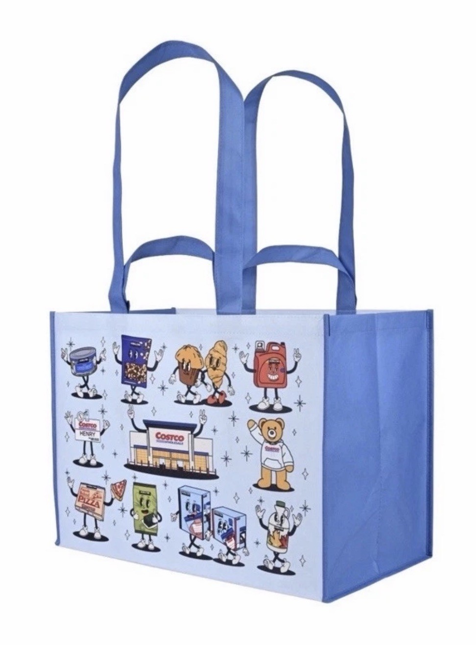 Costco Reusable Shopping Bags 4-Pack Character Print Blue ITM 2032456 NEW