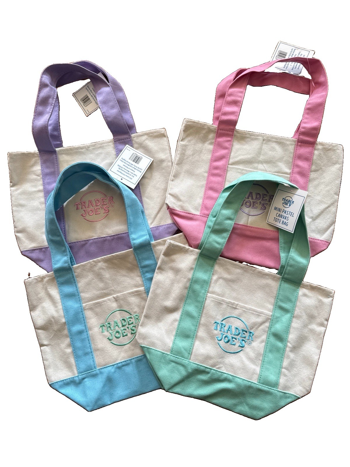 Set of 4 — Trader Joe’s Canvas MINI Tote Bags PASTEL Purple Blue Green Pink NWT!
