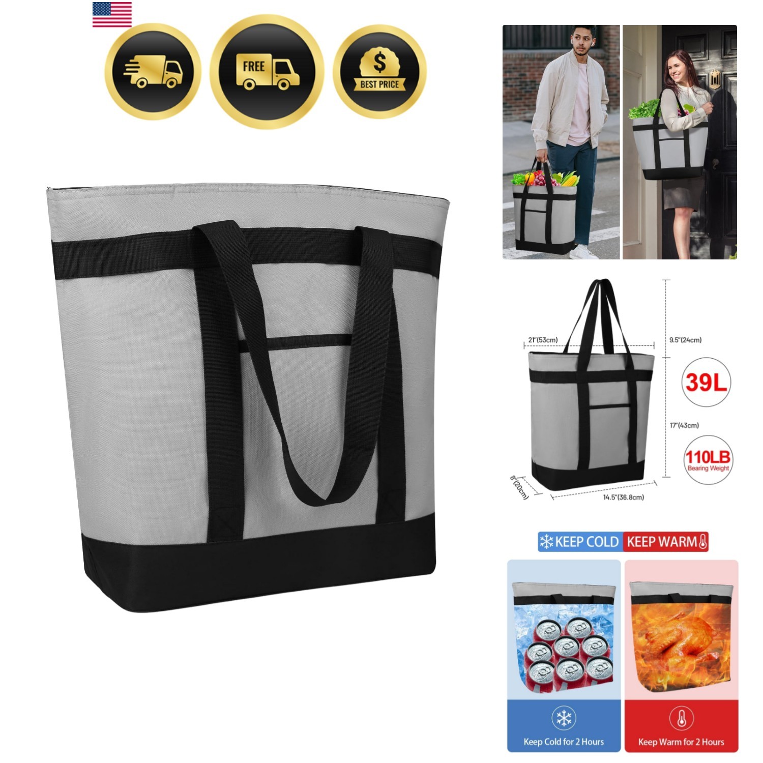 Insulated Reusable Tote Bag for Grocery Shopping for Women/Men, Pizza/Food De…