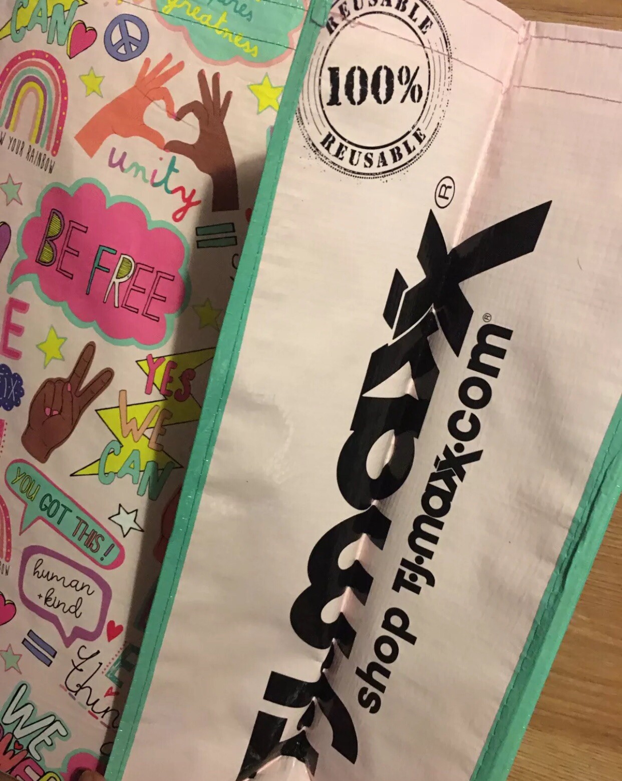 NEW TJ Maxx Homegoods Shopping Bag PEACE LOVE UNITY~Rainbow HIPPY~Reusable Tote