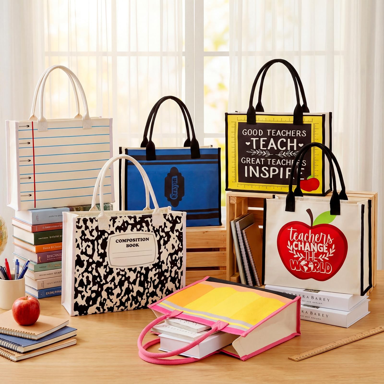 6 Pack End of Year Teacher Gifts Bulk Bags Teachers Canvas Tote Bags Pencil C…