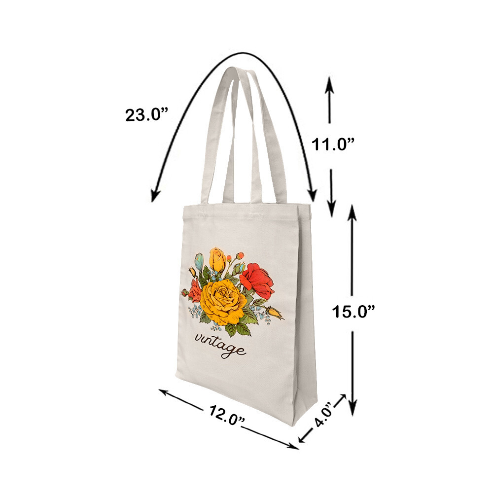 12″L x 15″H Reusable Canvas Roses Tote Bag, Grocery Bag, Beach Bag, Shopping Bag
