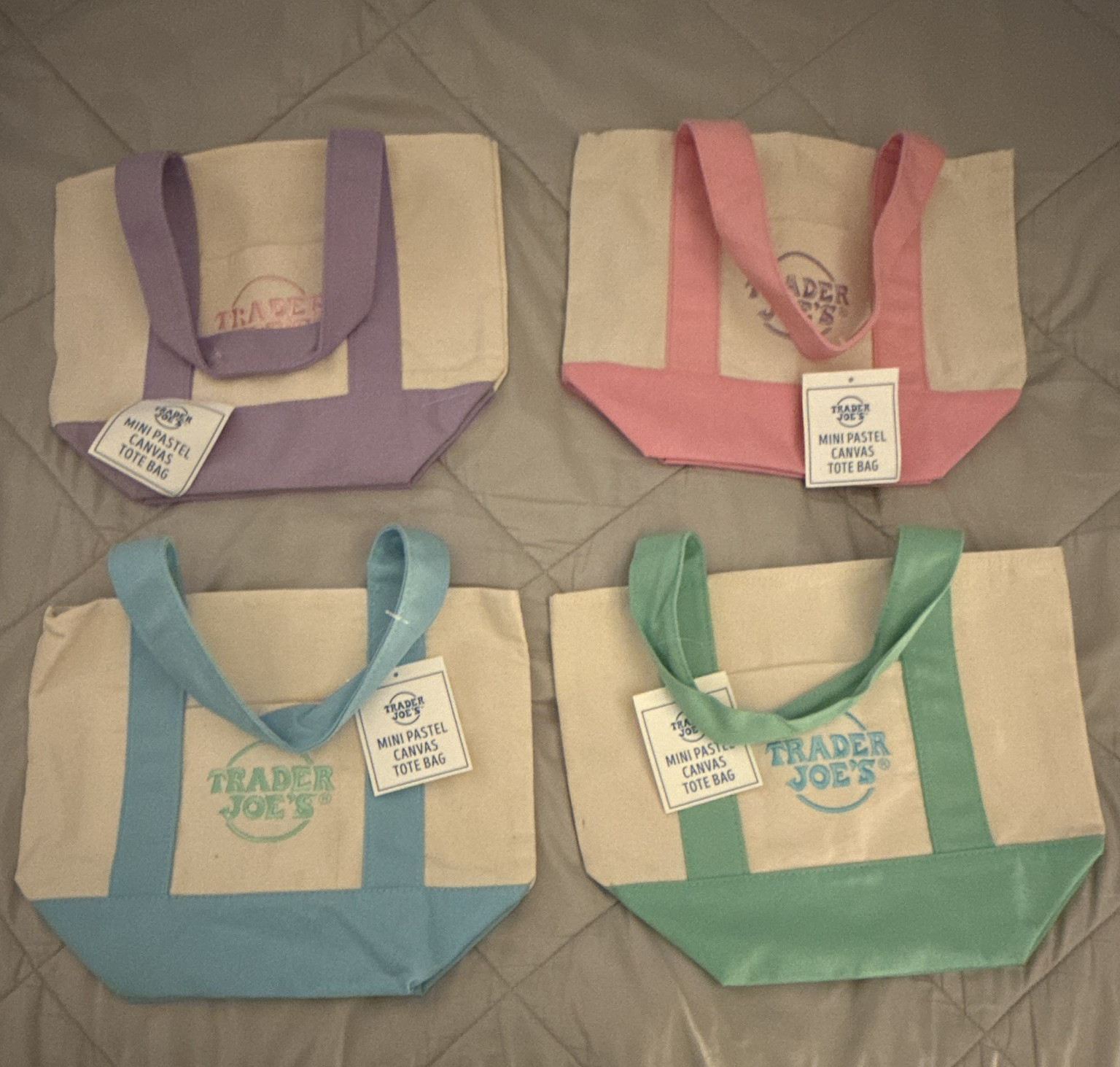Trader Joe’s Mini Pastel Canvas Reusable Tote Bag Set, 4Pack Multicolor (Tagged)