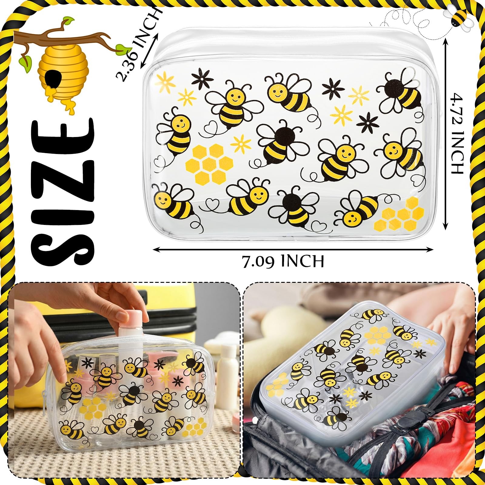 Sunnymove 6 Pcs Bee Cosmetic Bag 7.09 x 4.72 x 2.36 inches, clear