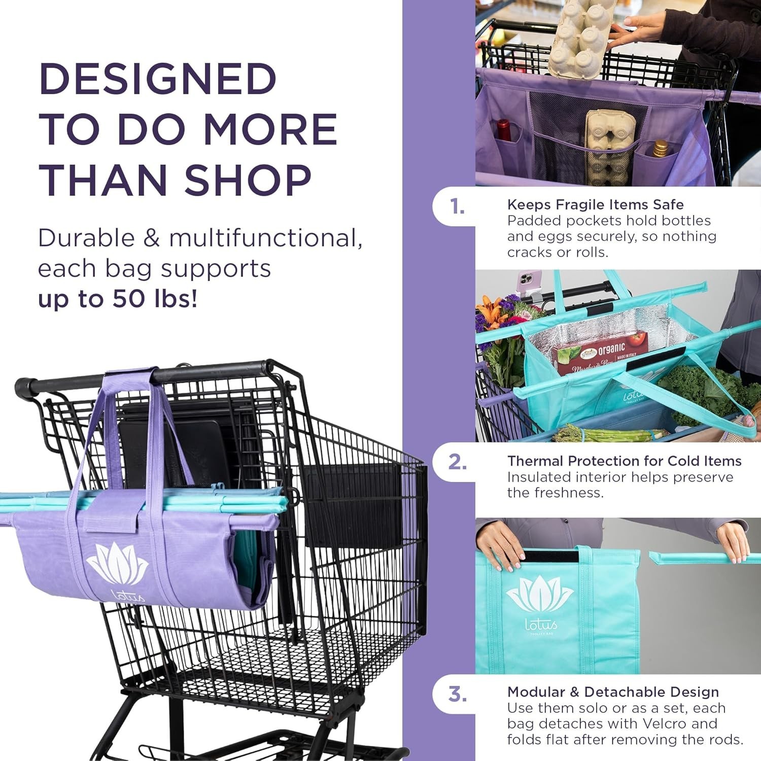 Lotus 4-Pack Trolley Bags: Insulated, Detachable & Eco-Friendly Grocery Totes