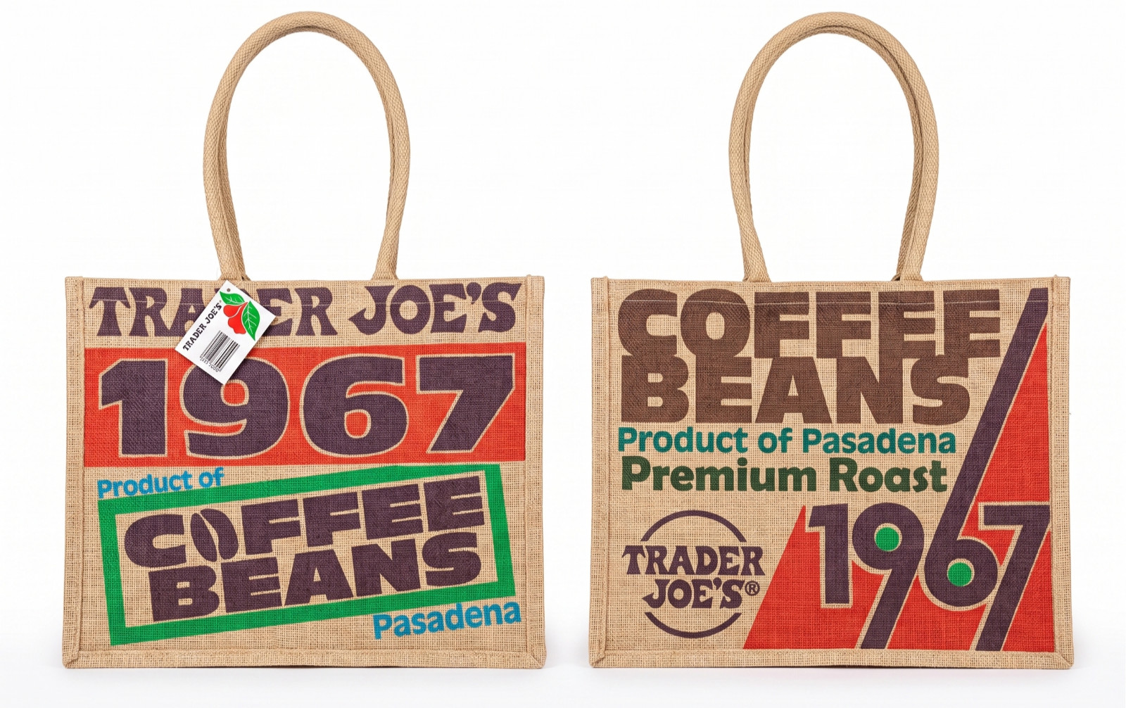 Trader Joe’s Jute 1967 Coffee Beans Pasadena Design 9 Gallon Tote Bag NWT