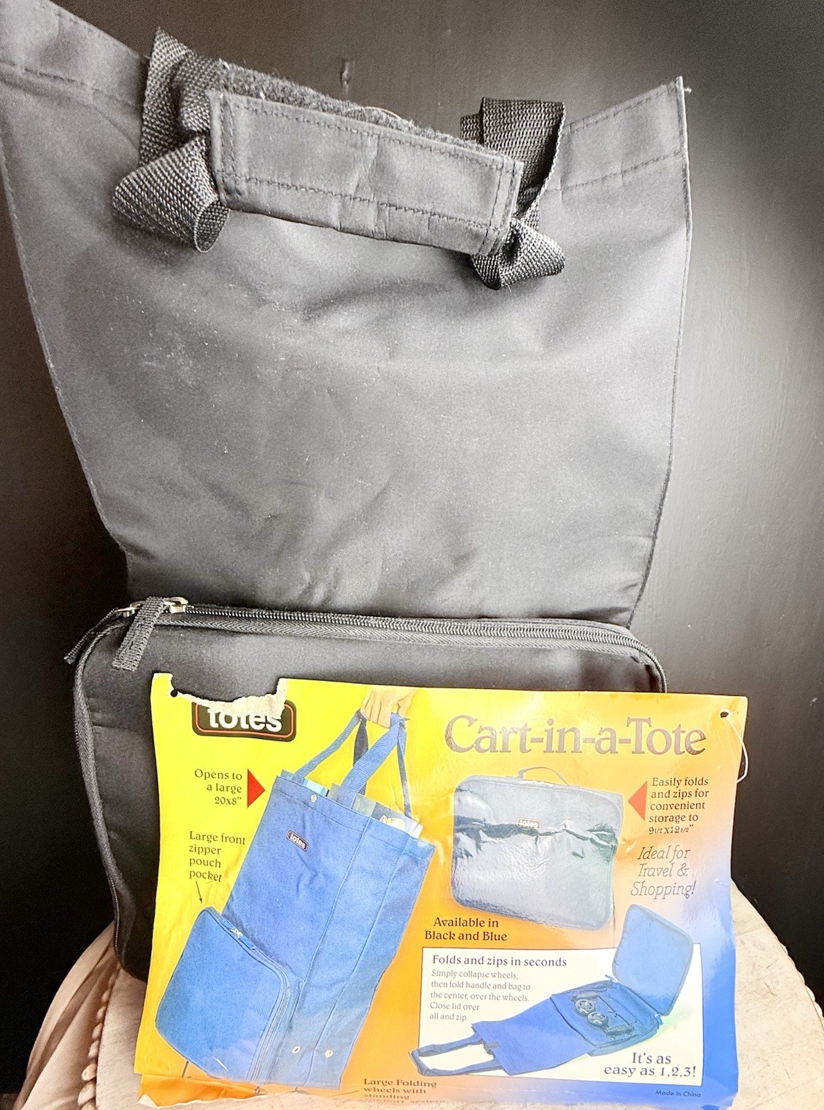 TOTES Cart-in-a-tote Large Wheeled Bag Shopping Travel Black Collapsible